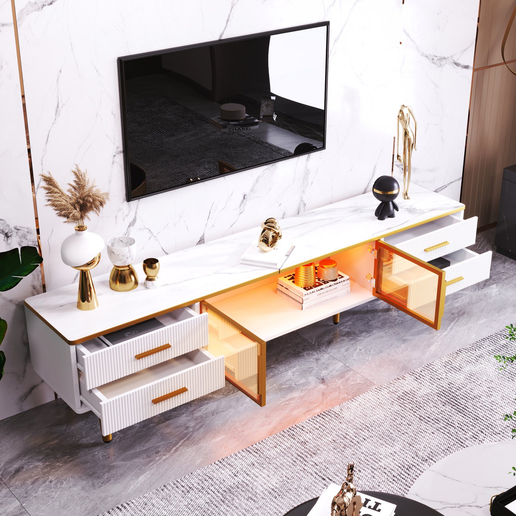 REDOM TV-Schrank (Fernsehschrank TV-Lowboard Sideboard Beistellschrank modern, mit 4 Strukturierte Schubladen 4 Füßen) mit Goldenen Griffen und zwei Braune Türen aus Gehärtetem Glas