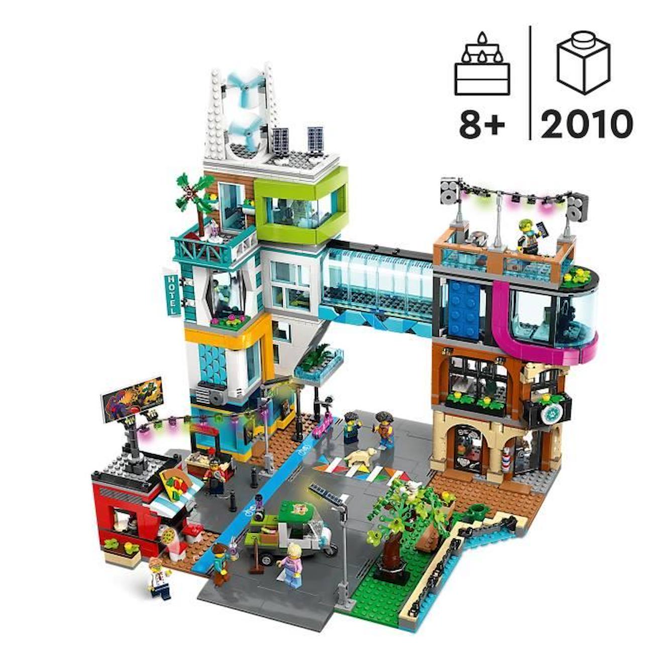 LEGO® City 60380 Le Centre-Ville, Jouet de Maquettes avec Salon de Coiffure, Vétérinaire, et Hôtel bleu