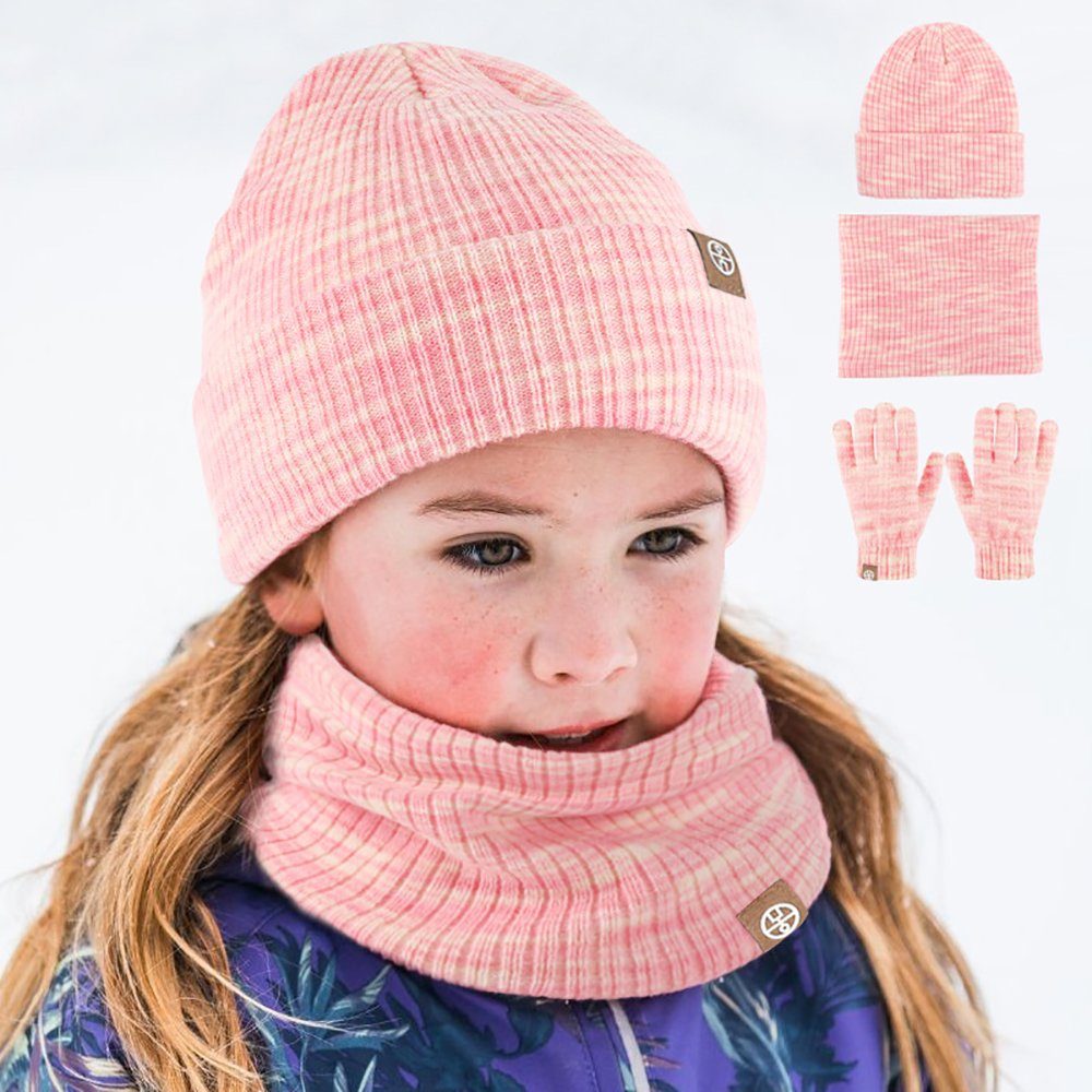 Blusmart Mütze & Schal 3in1 Kinder Wintermütze Schal Handschuhe Set (Winterhandschuh, 3-tlg., Strickmütze) Warmer dreiteiliger Alpaka-Outdoor-Anzug