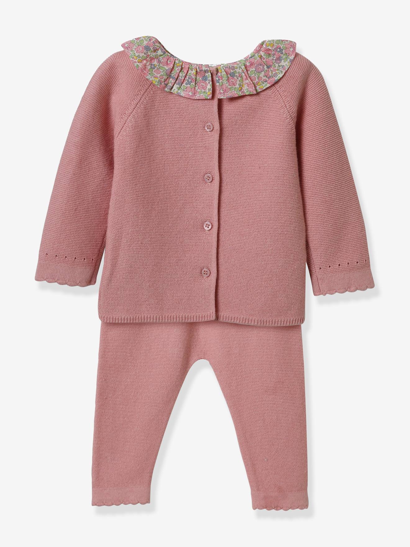 Ensemble tricot Bébé col en tissu Liberty CYRILLUS rose