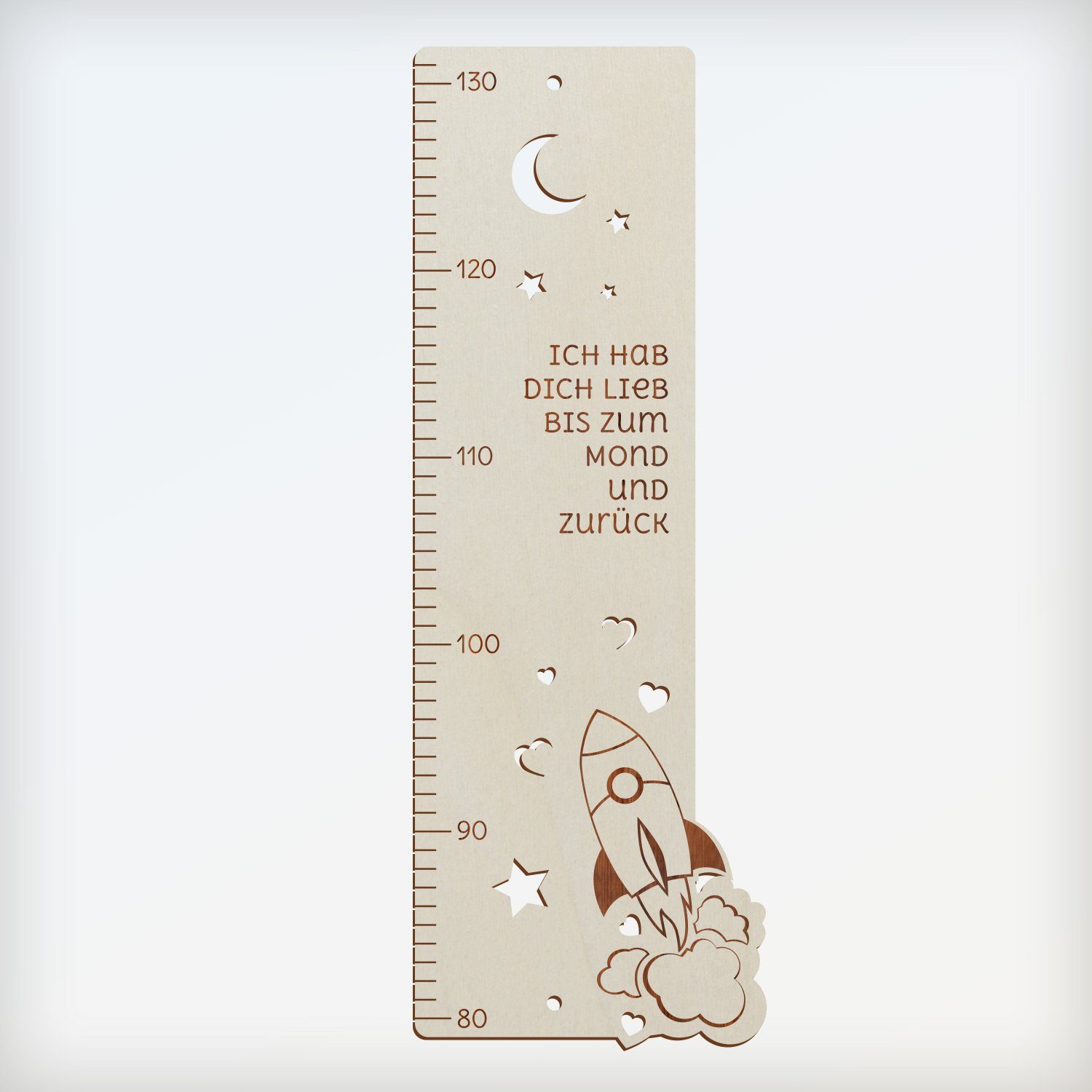 Namofactur Messlatte Kinder Holz Messlatte „Ich hab dich lieb bis zum Mond..” Junge Mädchen, Skala von 80-130 cm, Inkl. Edelstahl Wandhalterung Set