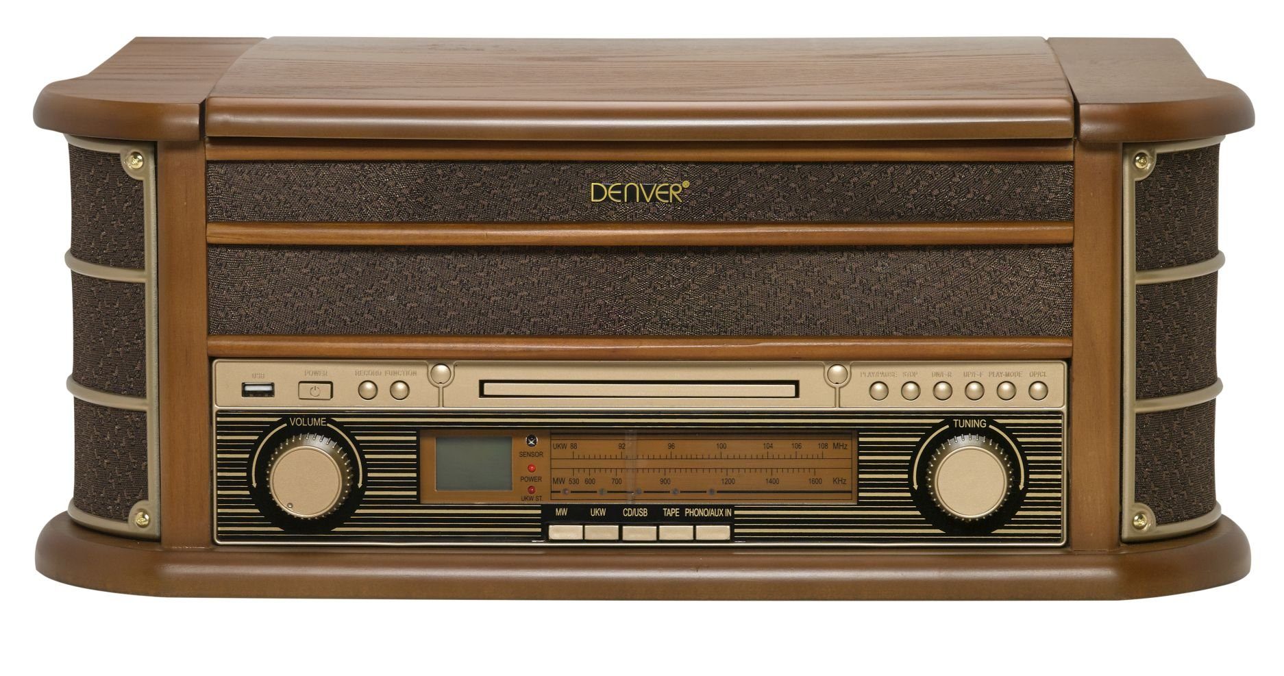 Denver MCR-50MK2 Retro Plattenspieler aus Holz mit Radio Kassette Soundbox Radioplattenspieler (Riemenantrieb, CD Player mit MP3 Wiedergabe, USB für MP3 Wiedergabe und Aufnahme, Kassettendeck auf der Seite des Geräts, AM/FM Radio mit Antenne, LCD Dis