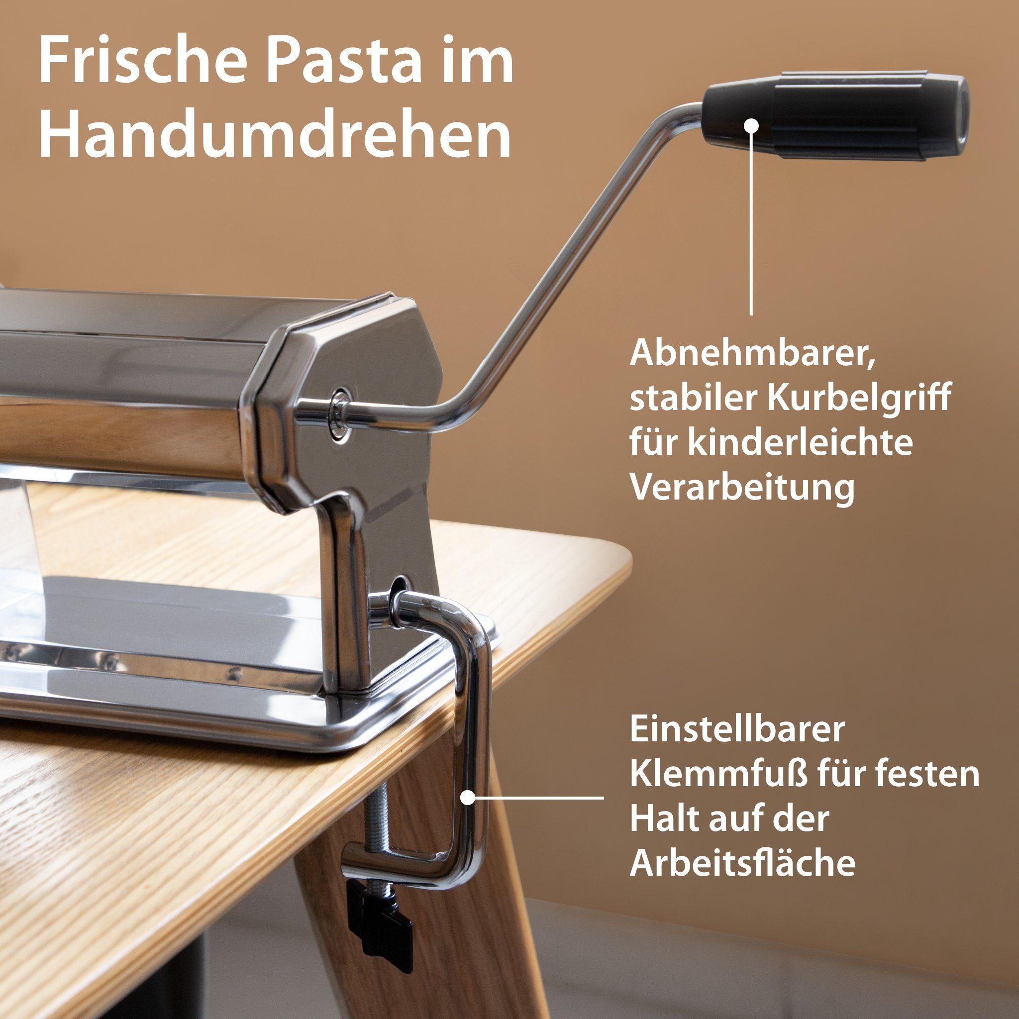ADE Nudelmaschine Edelstahl, manuelle Pastamaschine, Pastamaker zur Herstellung von Lasagneplatten, Spaghetti, Fettuccine