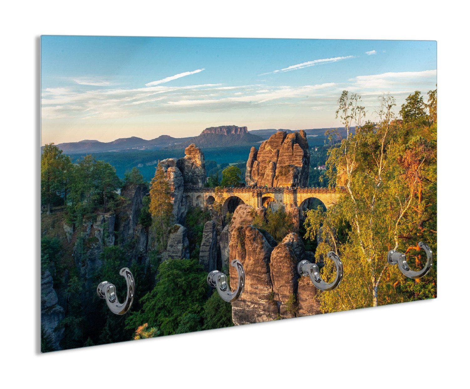 Wallario Schlüsselbrett Steinerne Brücke in der Landschaft, (inkl. Aufhängeset), 30x20cm, aus ESG-Sicherheitsglas
