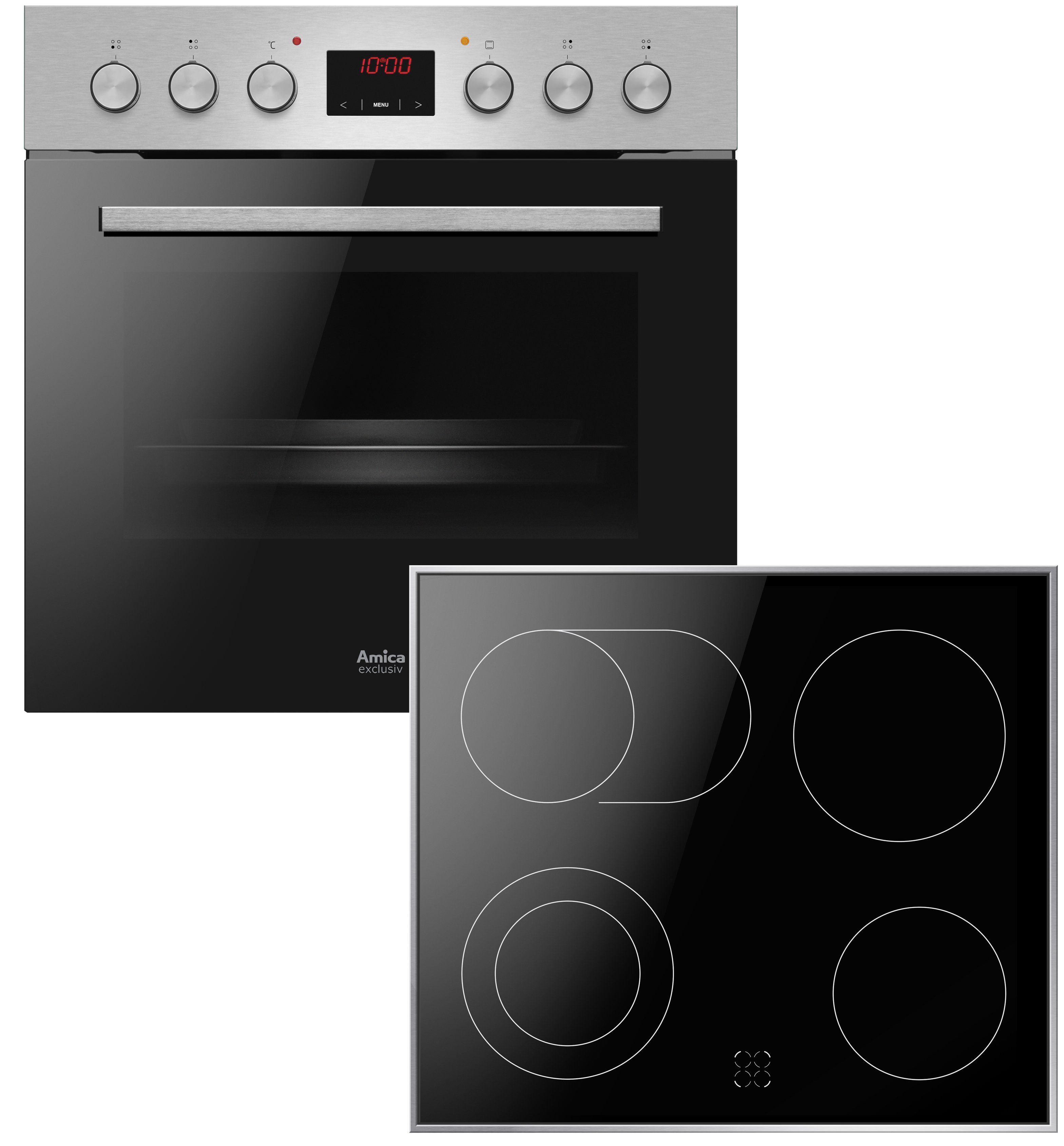 Amica Elektro-Herd-Set exclusives Design Einbauherd Set Glaskeramik Kochfeld Backofen Umluft Timer Bräterzone, mit 1-fach-Teleskopauszug, Steam Clean Reinigung