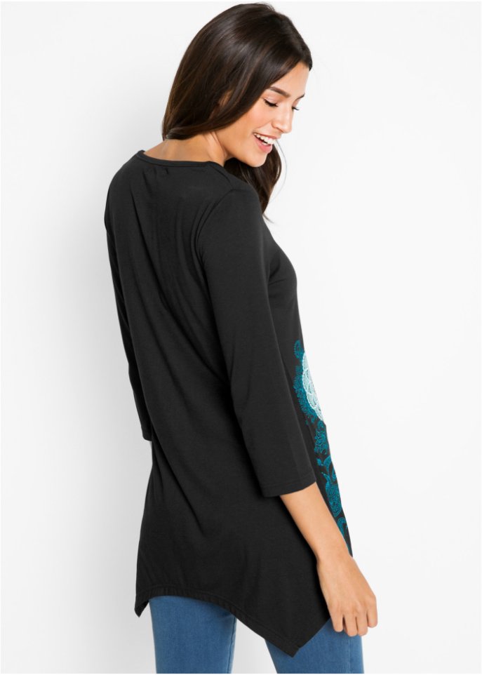 Zipfel-Longshirt mit V-Ausschnitt, 3/4-Arm