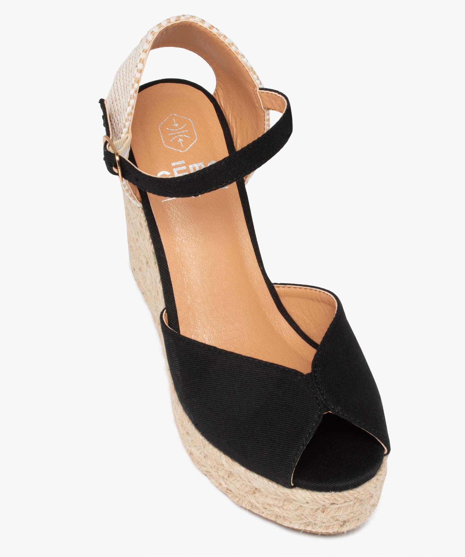 Sandales femme compensées dessus en toile unie noir | GEMO