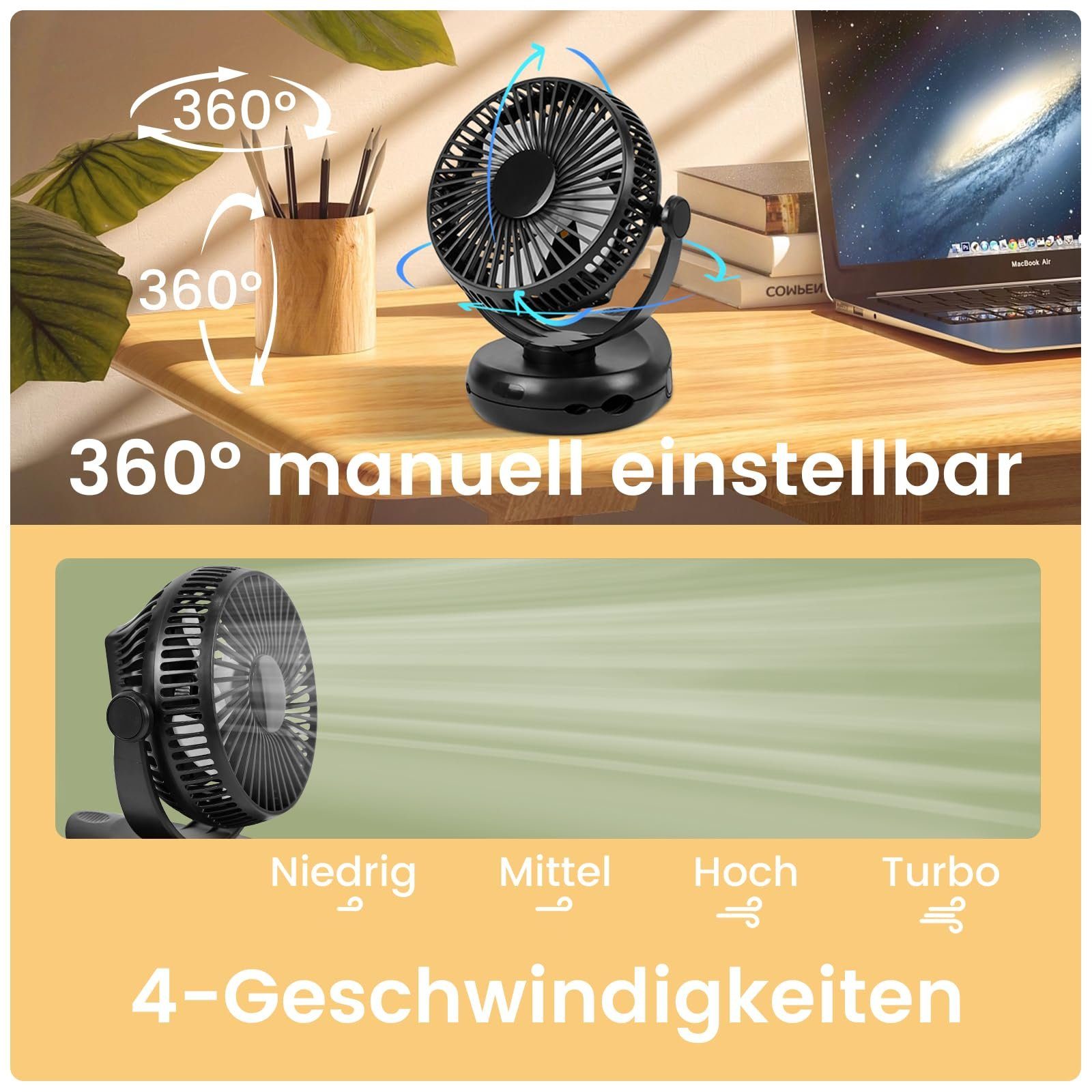 ZMH Mini USB-Ventilator 4 Geschwindigkeiten 10000mAh Akku 360° Drehung Schwarz, Mit integrierten Klammer und dem klappbaren Haken
