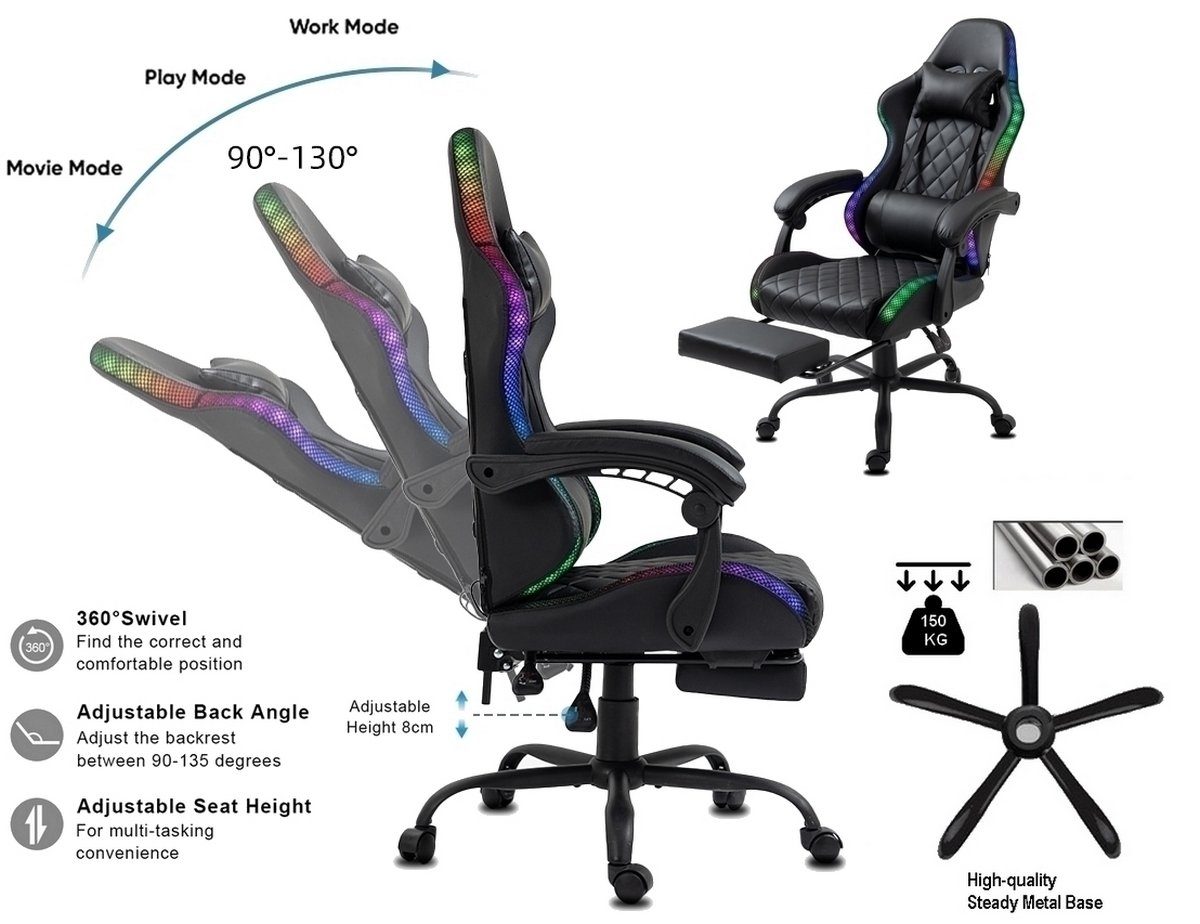 Delman Gaming-Stuhl Bürostuhl Gaming Stuhl mit LED, RGB Beleuchtung, Drehstuhl, dicke Polsterung, Metallfußkreuz, Fußstütze 02-0055