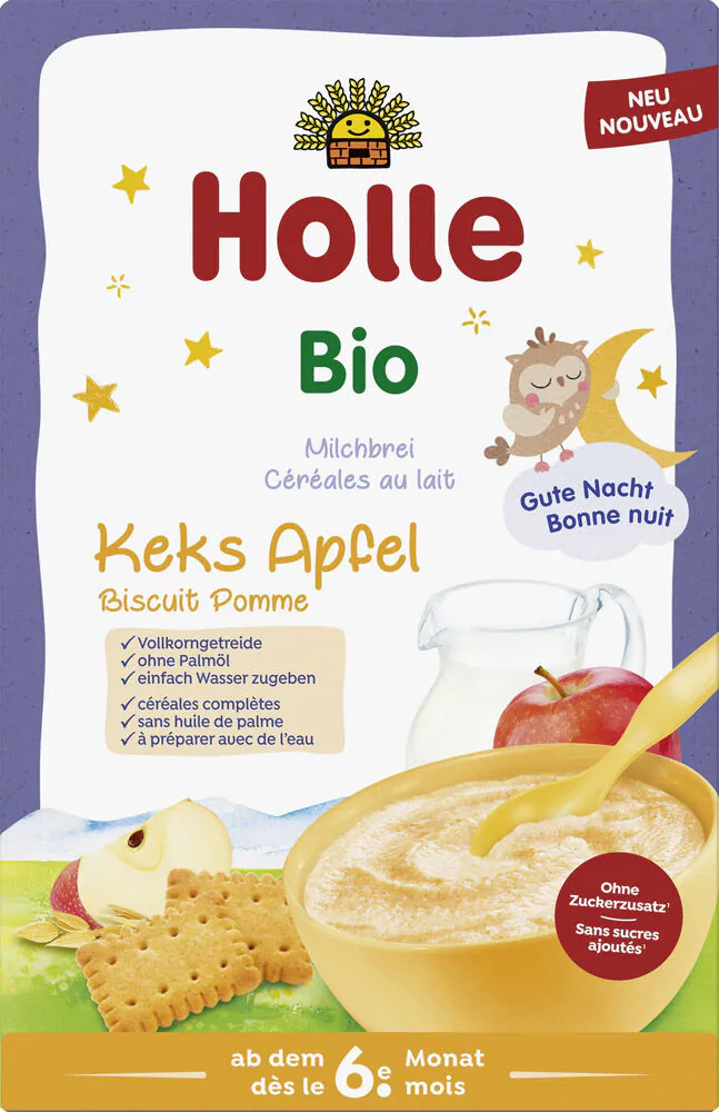 Holle Bio χυλός ολικής άλεσης με μπισκότα και μήλο για ηλικίες 6 μηνών και άνω