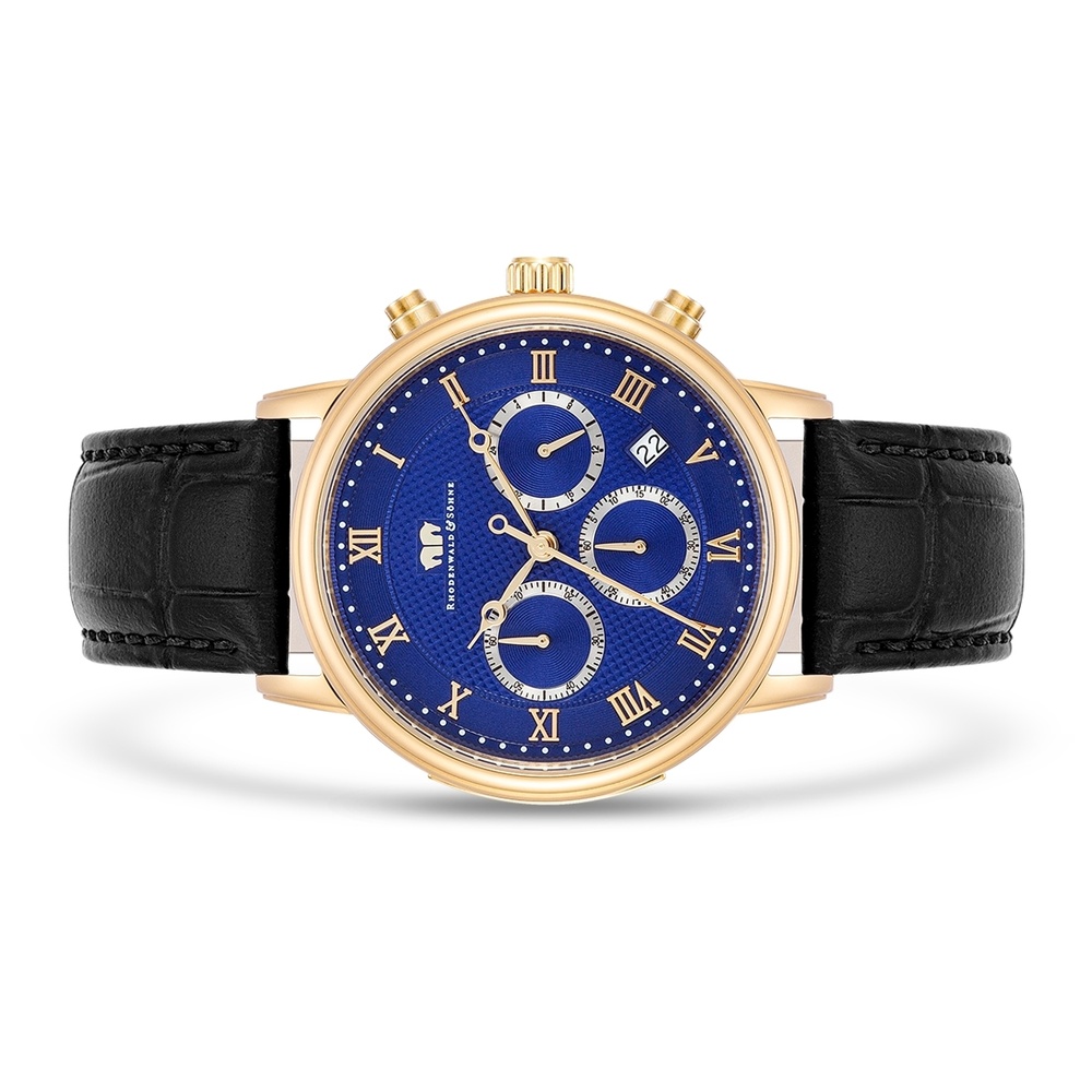 Rhodenwald & Söhne Chronographe Moonlight en Or jaune Cuir véritable en Noir Montre