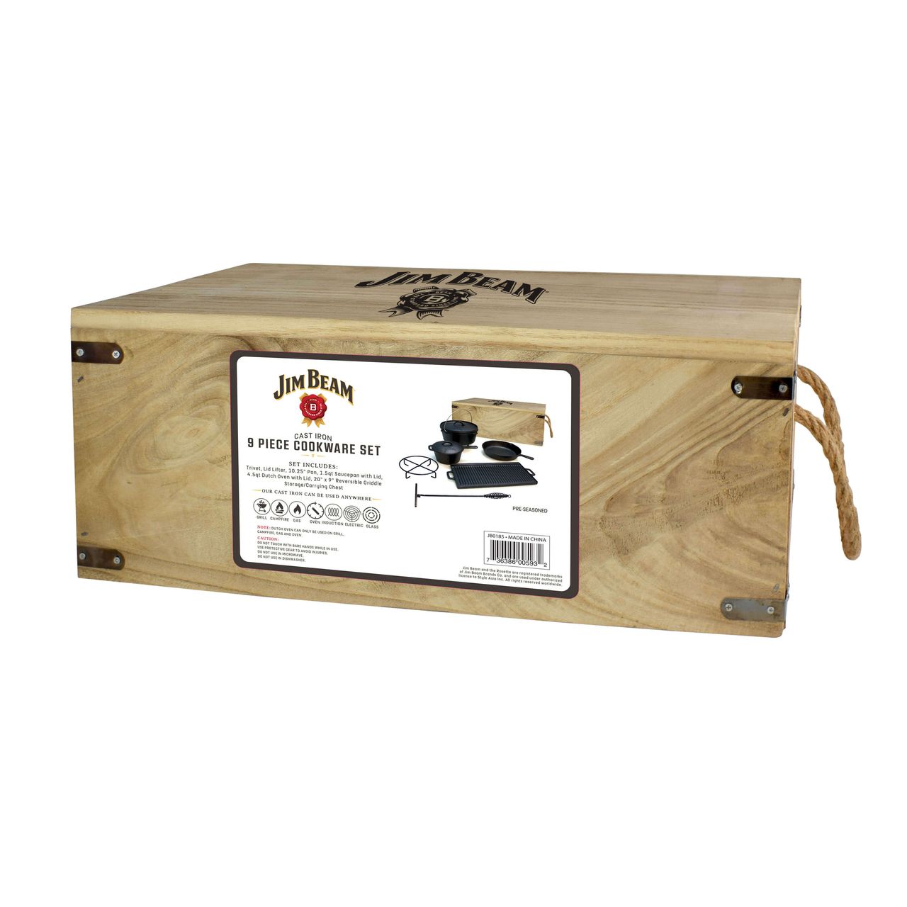 Jim Beam Gusseisernes Kochset Dutch Oven 9tlg in Holztruhe