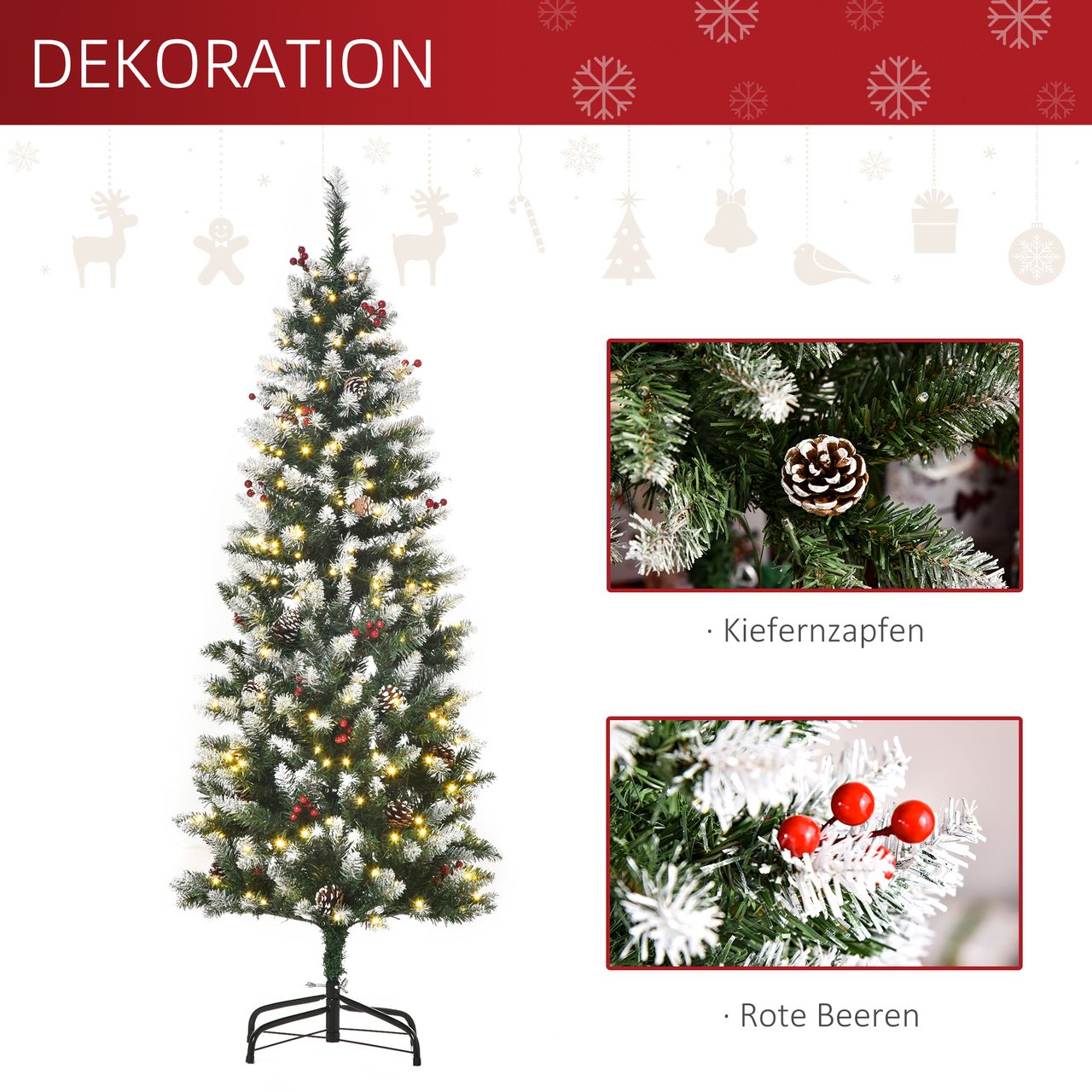 HOMCOM Weihnachtsbaum 1,5 m Christbaum Tannenbaum mit 25 roten Beeren Tannenzapfen LED-Lichter Kunsttanne 408 Zweige PVC Stahl Grün Weiß Ø53 x 150 cm