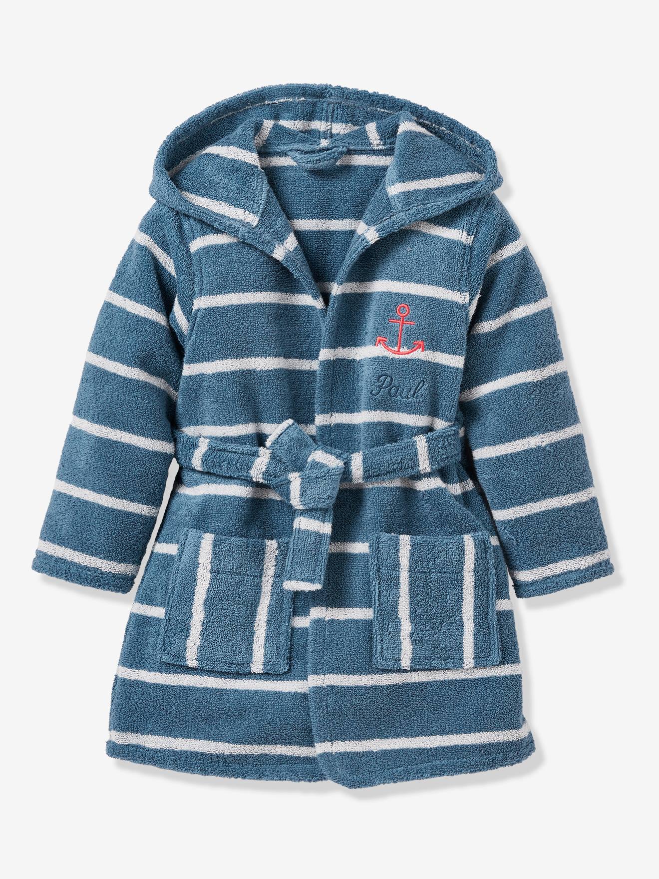 Peignoir de bain rayé enfant à capuche et personnalisable bleu/blanc