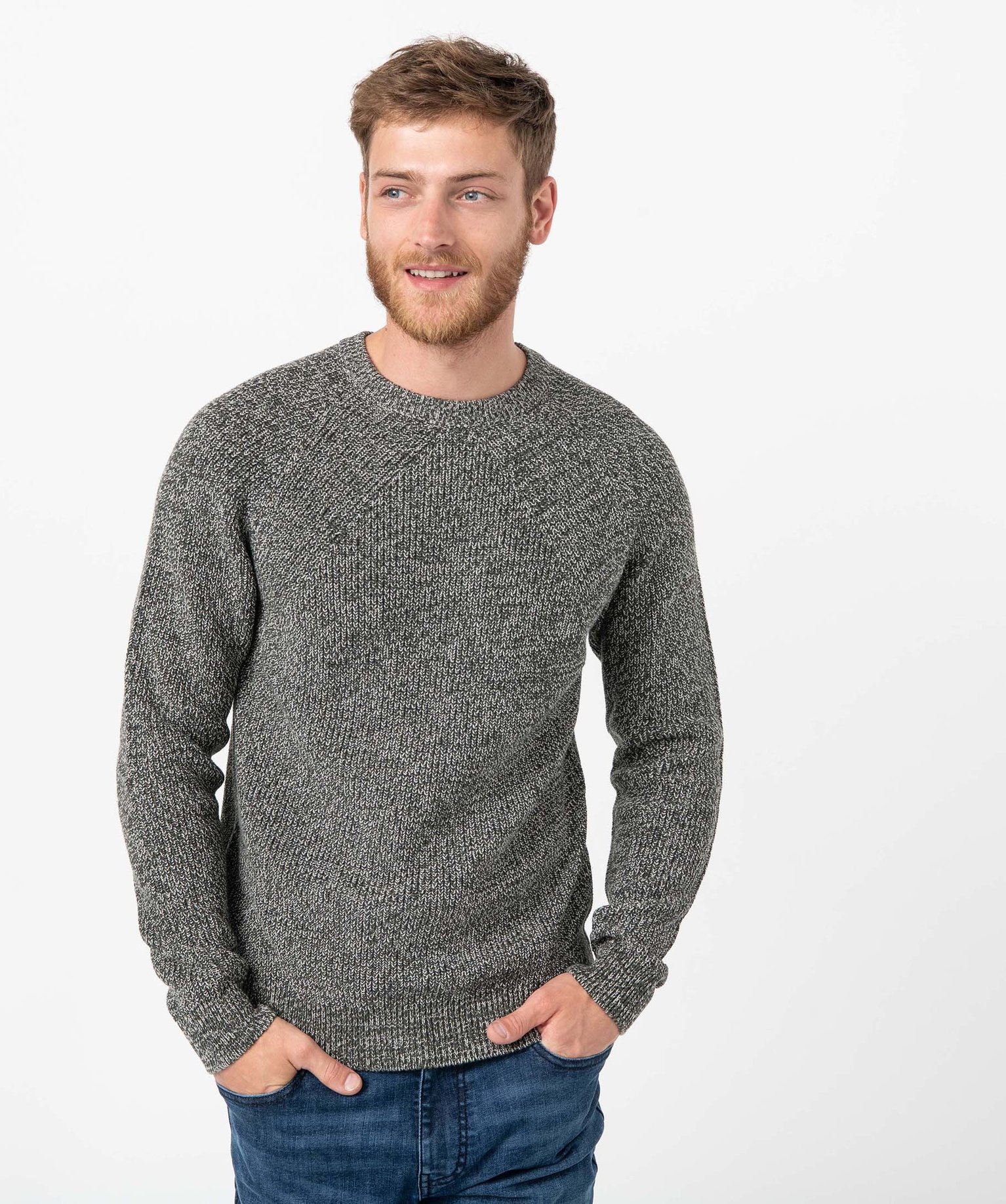 Pull homme à col rond en maille chinée noir | GEMO