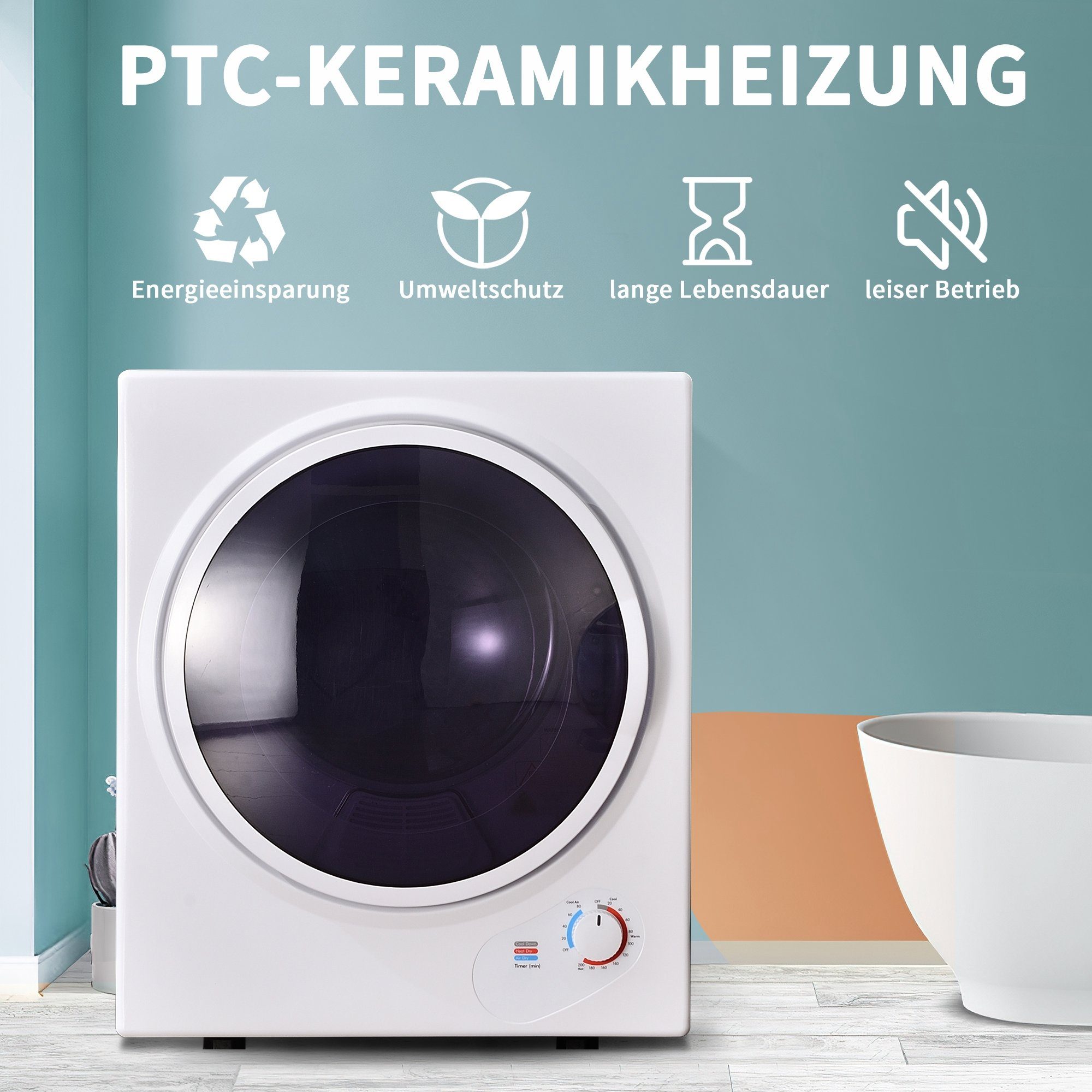 Fangqi Ablufttrockner Mini-Wäschetrockner, 2,5 kg, wandmontierbar,200-Minuten-Timer, 65 °C geeignete Trocknungstemperatur,Doppelfilter,Edelstahltrommel