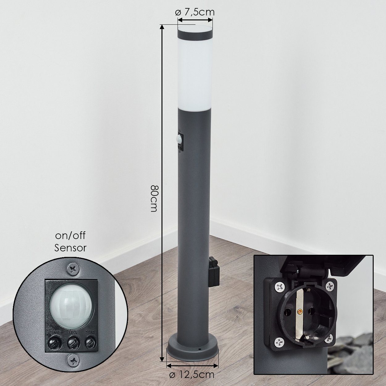 hofstein Pollerleuchte Gnocchetta moderne Sockelleuchte, mit Bewegungsmelder u. Steckdose, ohne Leuchtmittel, Metall in Anthrazit, Gartenlampe, E27, Gartenbeleuchtung IP44