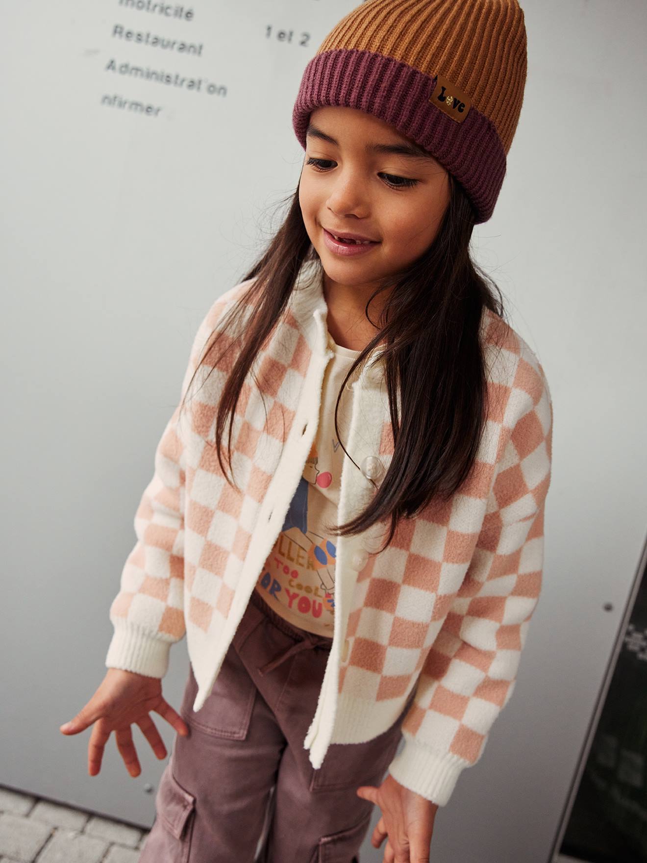 Gilet damier pop fille carreaux rose