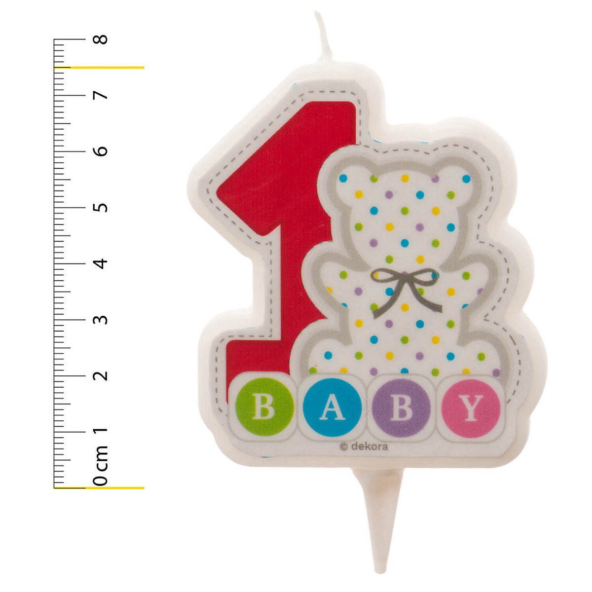 Geburtstagskerze zum 1. Geburtstag mit kleinem Teddy, weiß, 7.5cm