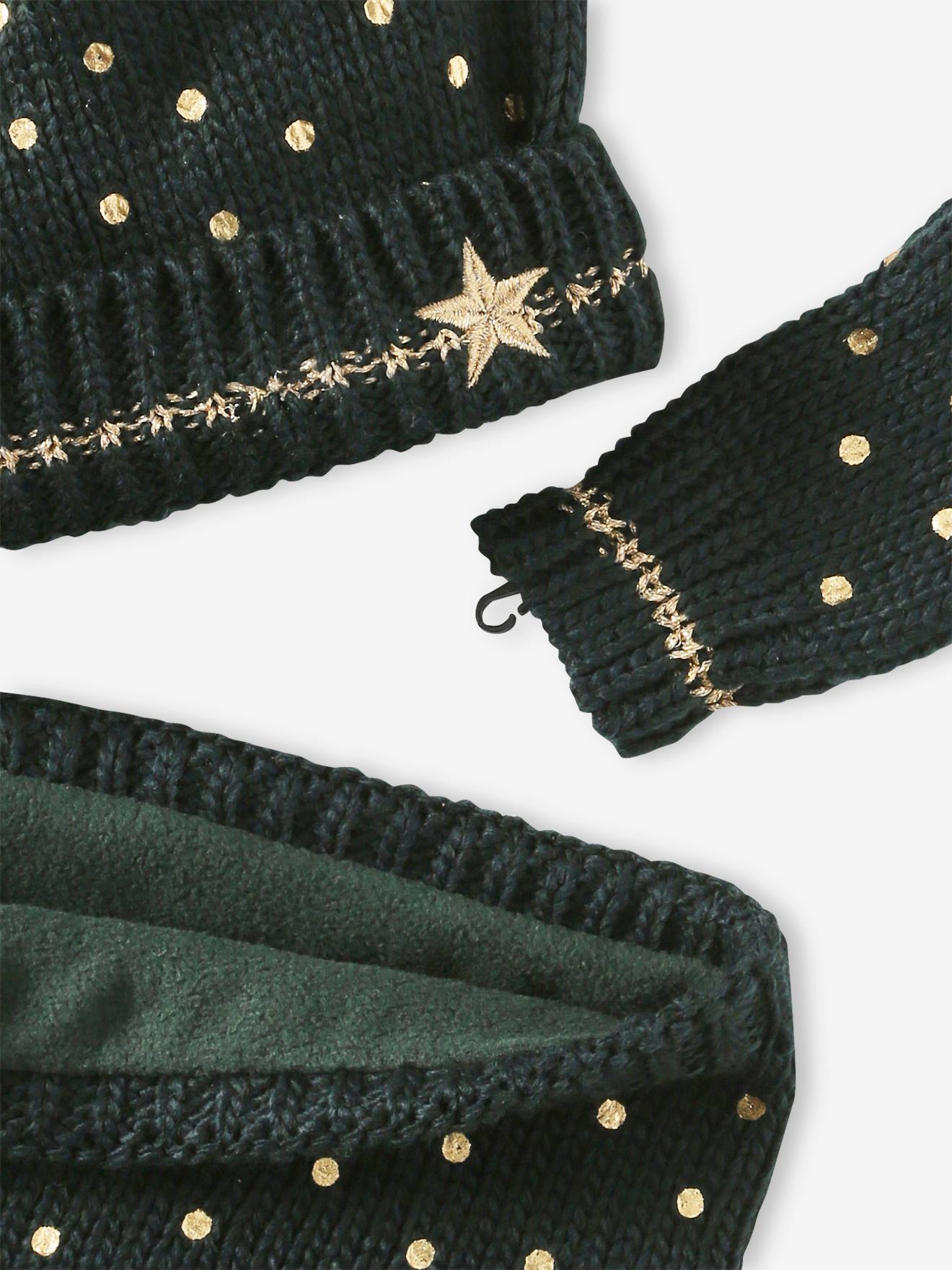 Vertbaudet Mädchen Weihnachts-Geschenkset: Mütze, Rundschal & Fingerhandschuhe - grün