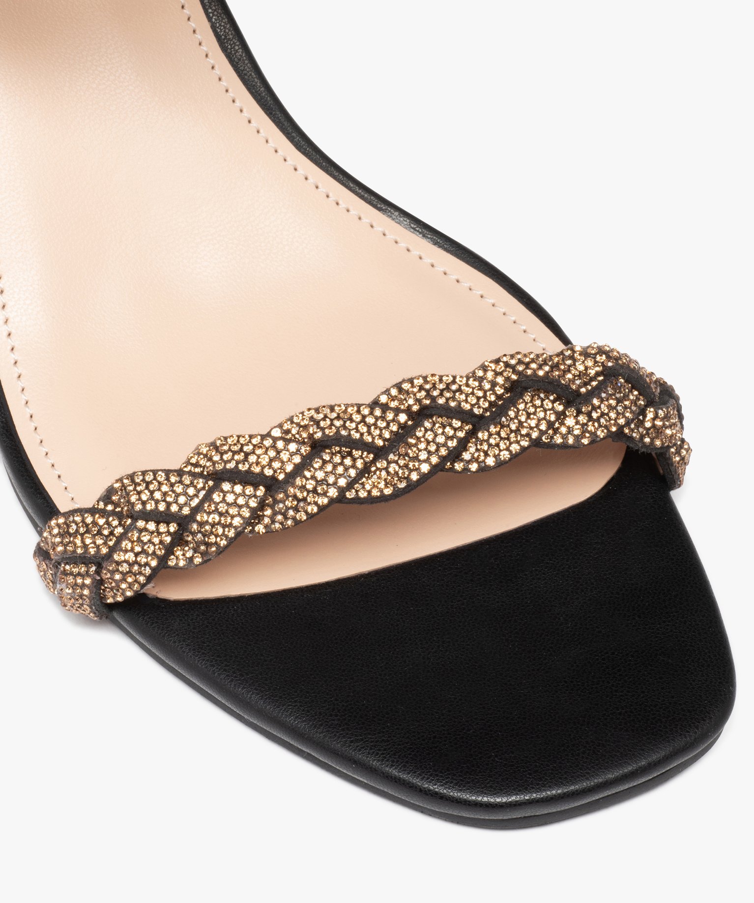Sandales femme à talon et brides tressées en strass noir | GEMO