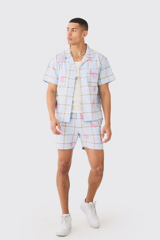 Kastiges kariertes Hemd und Shorts mit Paisley-Stickerei