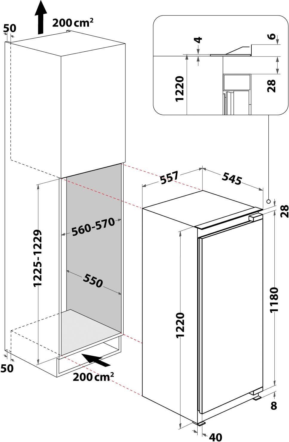 BAUKNECHT Einbaukühlschrank KSI 12GF3, 122 cm hoch, 55,7 cm breit