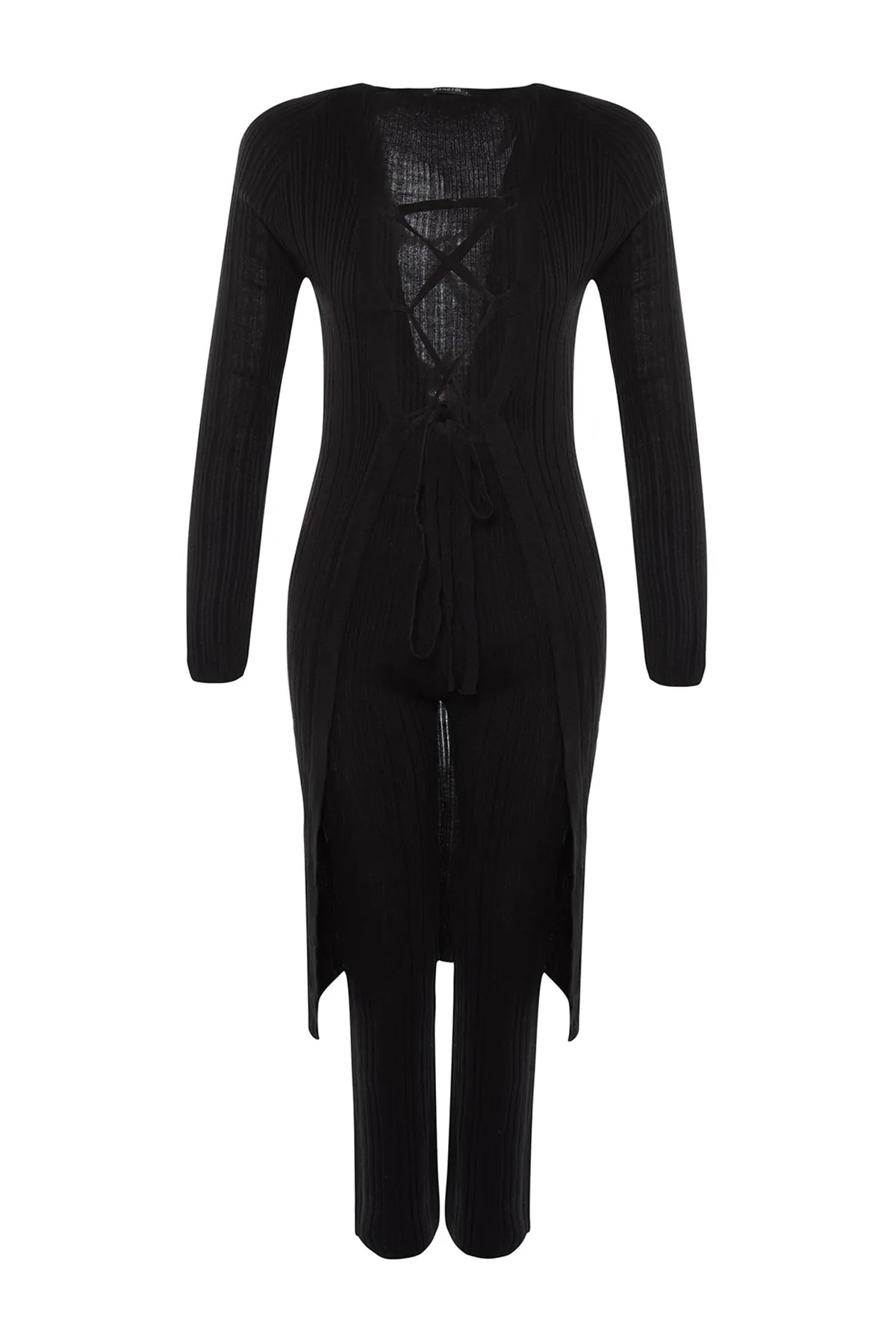 Trendyol Collection  Schwarzes Set aus Strickoberteil und -unterteil mit Schnürung und Strickjacke TWOAW23AU0002