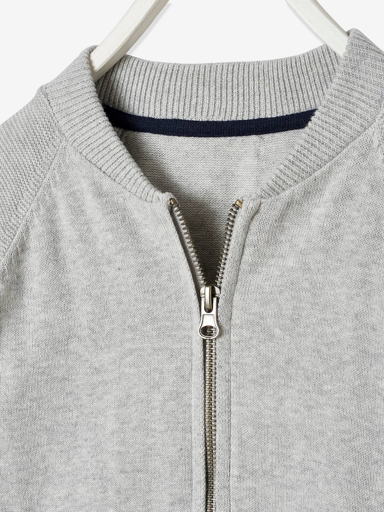 Gilet zippé garçon col teddy maille fantaisie gris chiné
