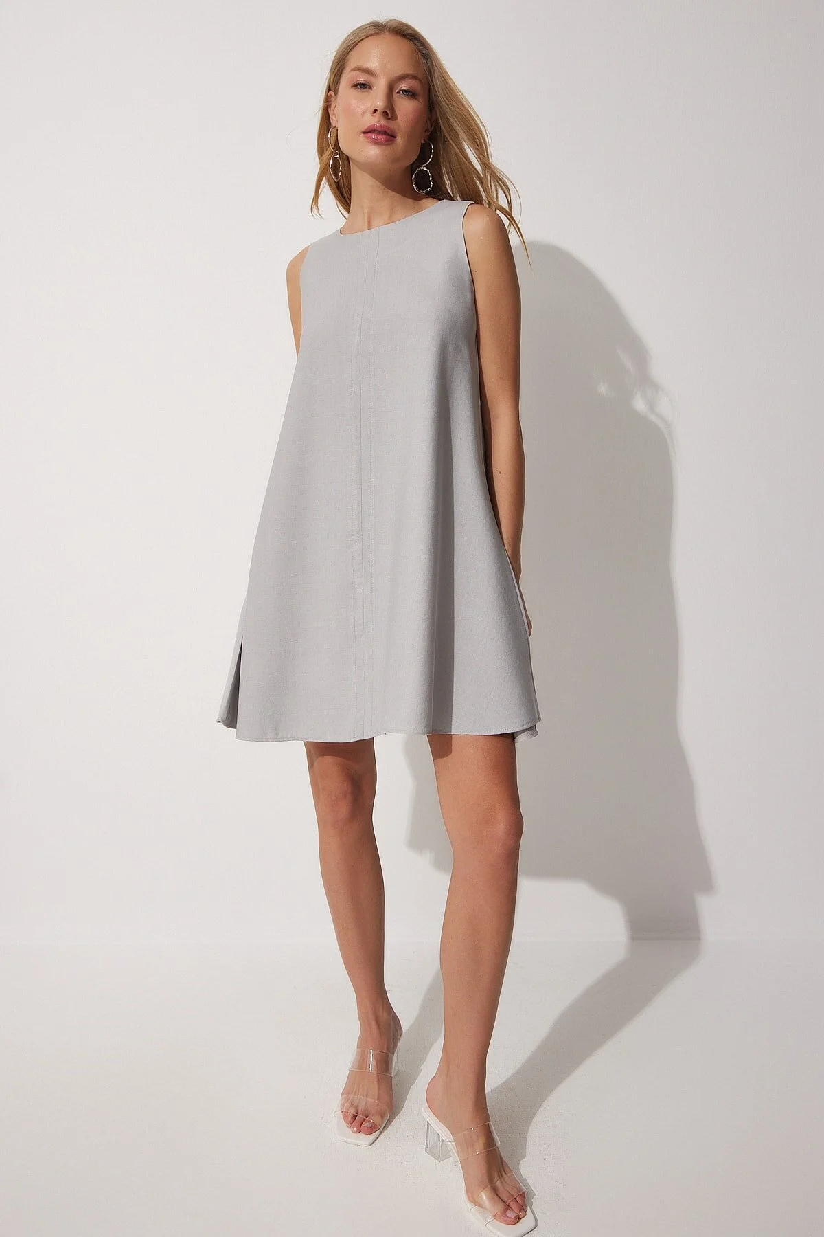 Happiness İstanbul  Steingraues, gewebtes A-Linien-Sommerkleid für Damen BF00067
