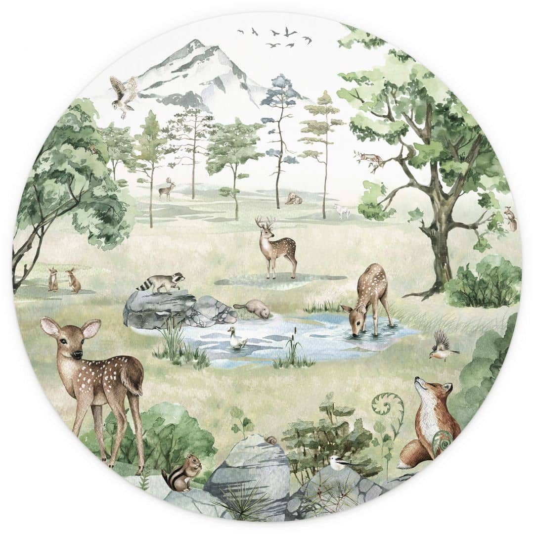 K&L Wall Art Fototapete Fototapete Baby Kinderzimmer Waldtiere Reh Hirsch Wald Vliestapete rund, große Kinder Motivtapete