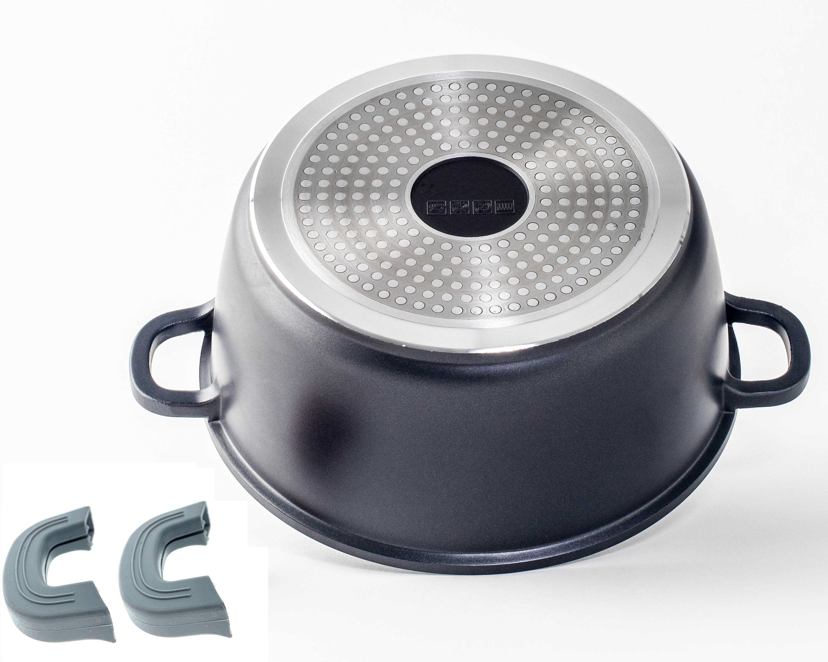 KESSMANN Topf-Set Kochtopf mit Deckel 7-tlg Induktion Topf Set Aluguss Suppentopf, Aluminiumguss (Set, 7-tlg., Inkl. 2 Silikon Griffe 1 Pfannenwender 1 Kork-Untersetzer 1 Holzlöffel), Antihaft Topfset Induktionsgeeignet Fleischtopf Bräter Pfanne koch
