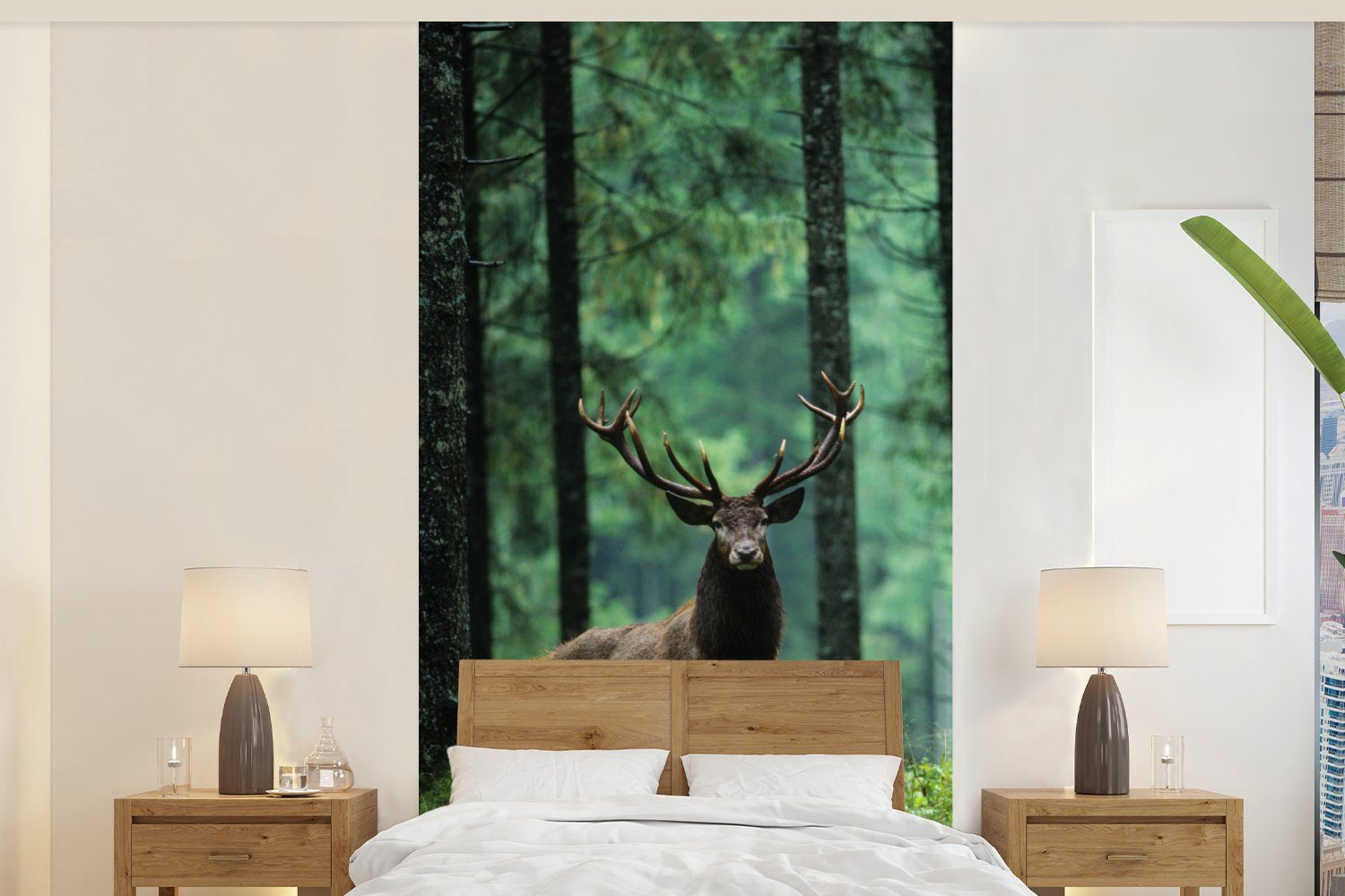 MuchoWow Fototapete Hirsche - Wald - Bäume - Tiere - Natur, Matt, bedruckt, (2 St), Vliestapete für Wohnzimmer Schlafzimmer Küche, Fototapete