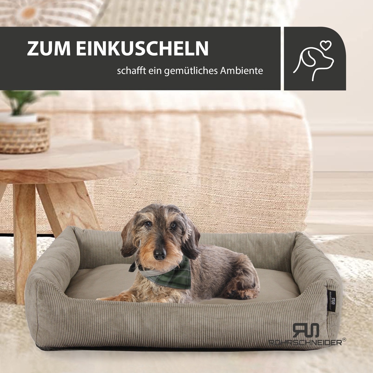 Rohrschneider Hundebetten Rohrschneider Hundebett mit Gratis-Beigabe, waschbar, robuster Fein-Cordstoff taupe