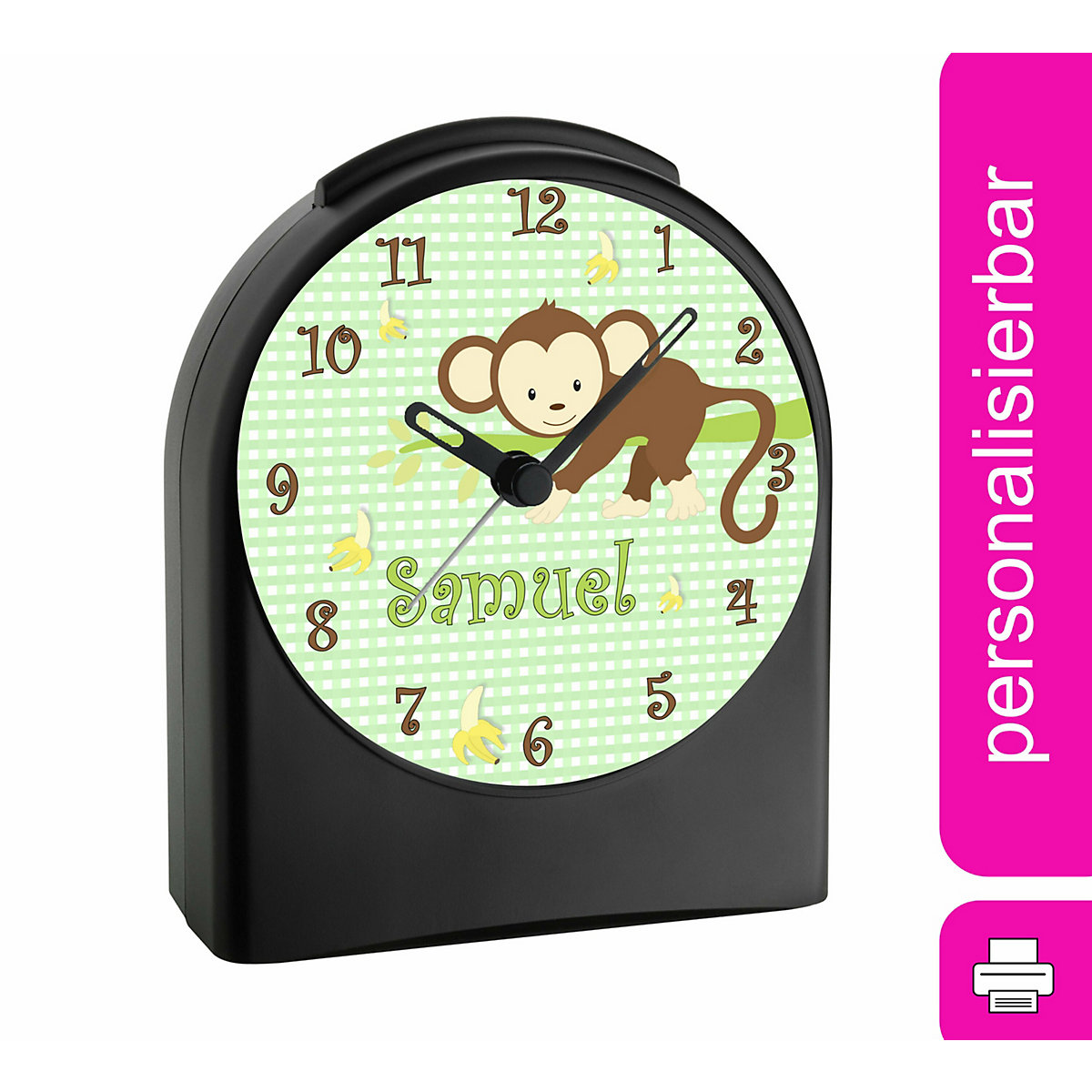 Kinder Funkwecker personalisiert mit Namen Affe Atom-/Funkuhr, 12-Stunden-Anzeigeformat, Schlummerfunktion, Nachtlicht, Geräuschlos/Ohne Ticken