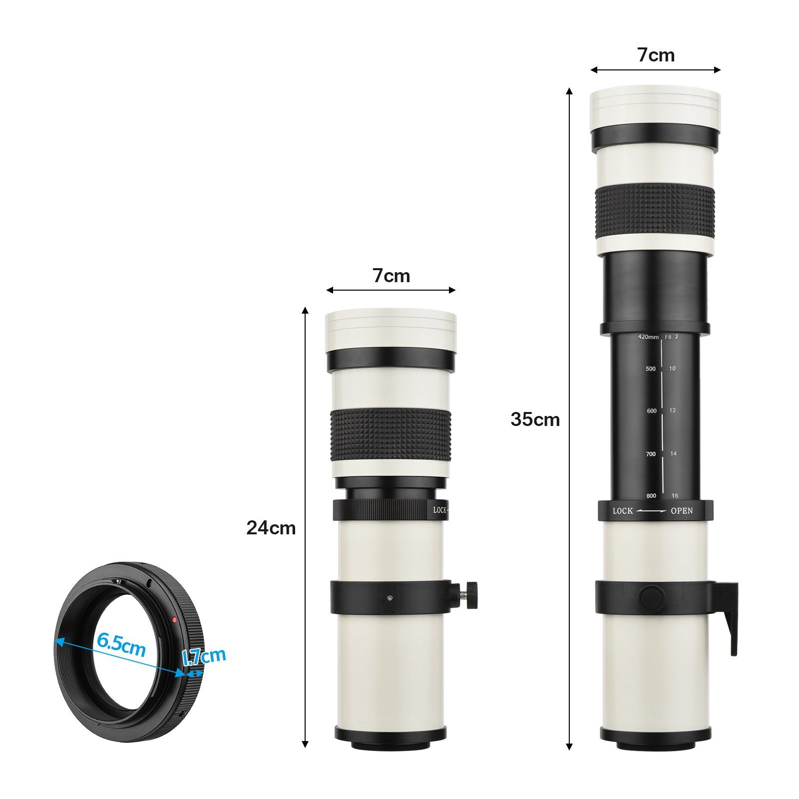 Andoer MF Super Tele-Zoomobjektiv F / 8.3-16 420-800 mm T-Halterung Zoomobjektiv