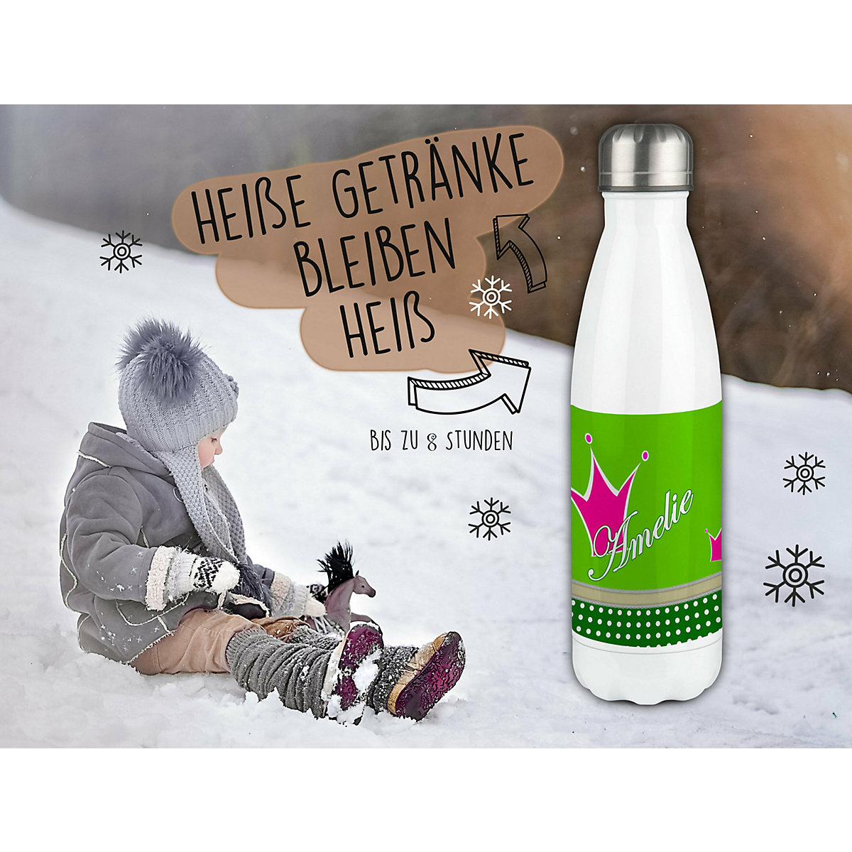 Edelstahl Kinder Thermoflasche / Trinkflasche bunt Krone Farbe pink apfelgrün Spülmaschinenfest, Auslaufsicher, Bruchfest, Doppelwandig, Für Heißgetränke geeignet, Mit Deckel, Isoliert