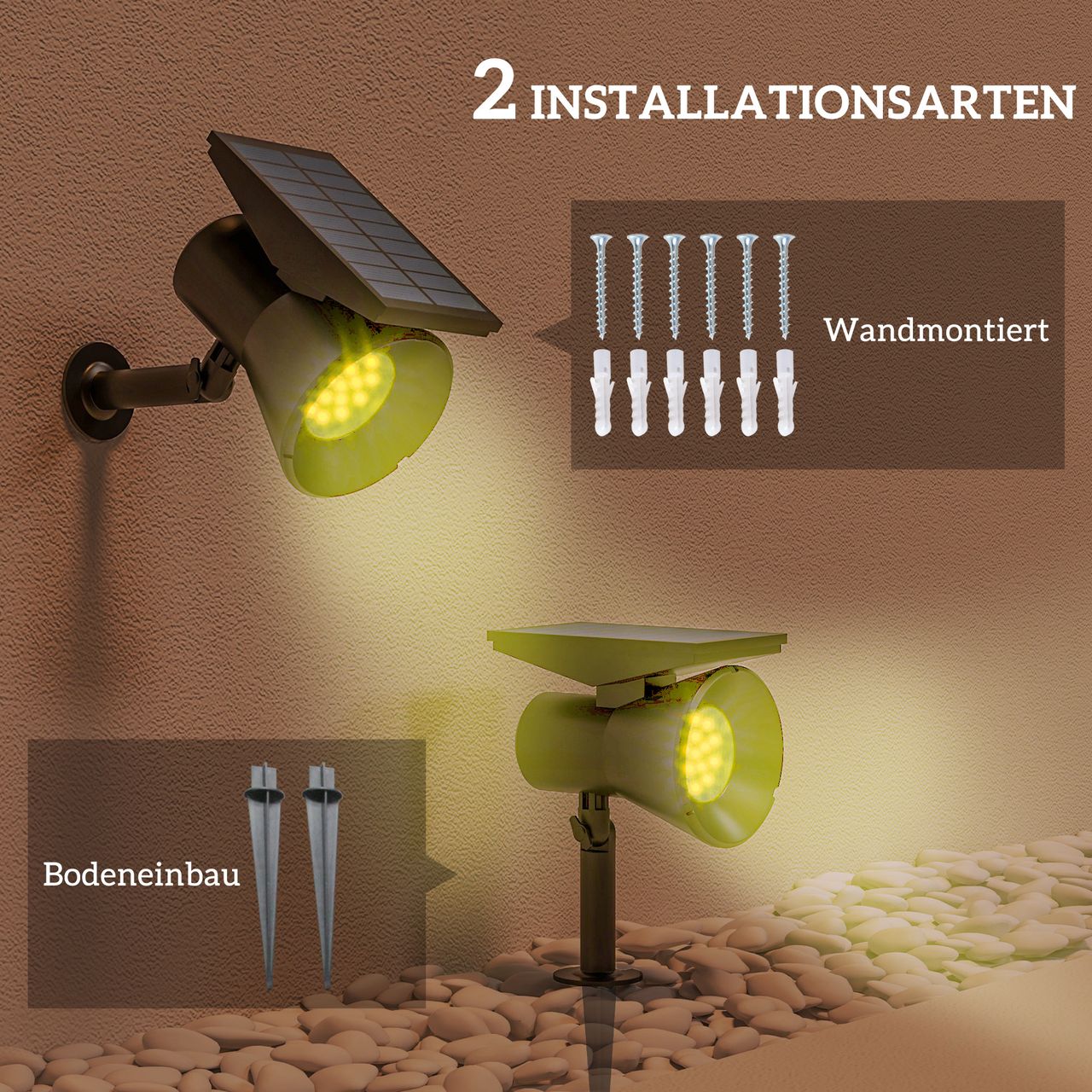 Outsunny Solarleuchten 2 Stück Solarlampen Solar Gartenleuchte mit 2 Lichtfarben
