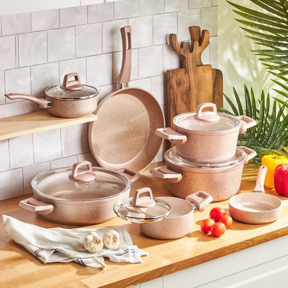 KRC Topf-Set Karaca Biogranit Rosegold 12 Teiliges Topfset Non-toxic Basic Topfset Griffe, Ausgezeichnete Wärmeverteilung, Bratpfanne, Deckel, Spülmaschine, Garantiert