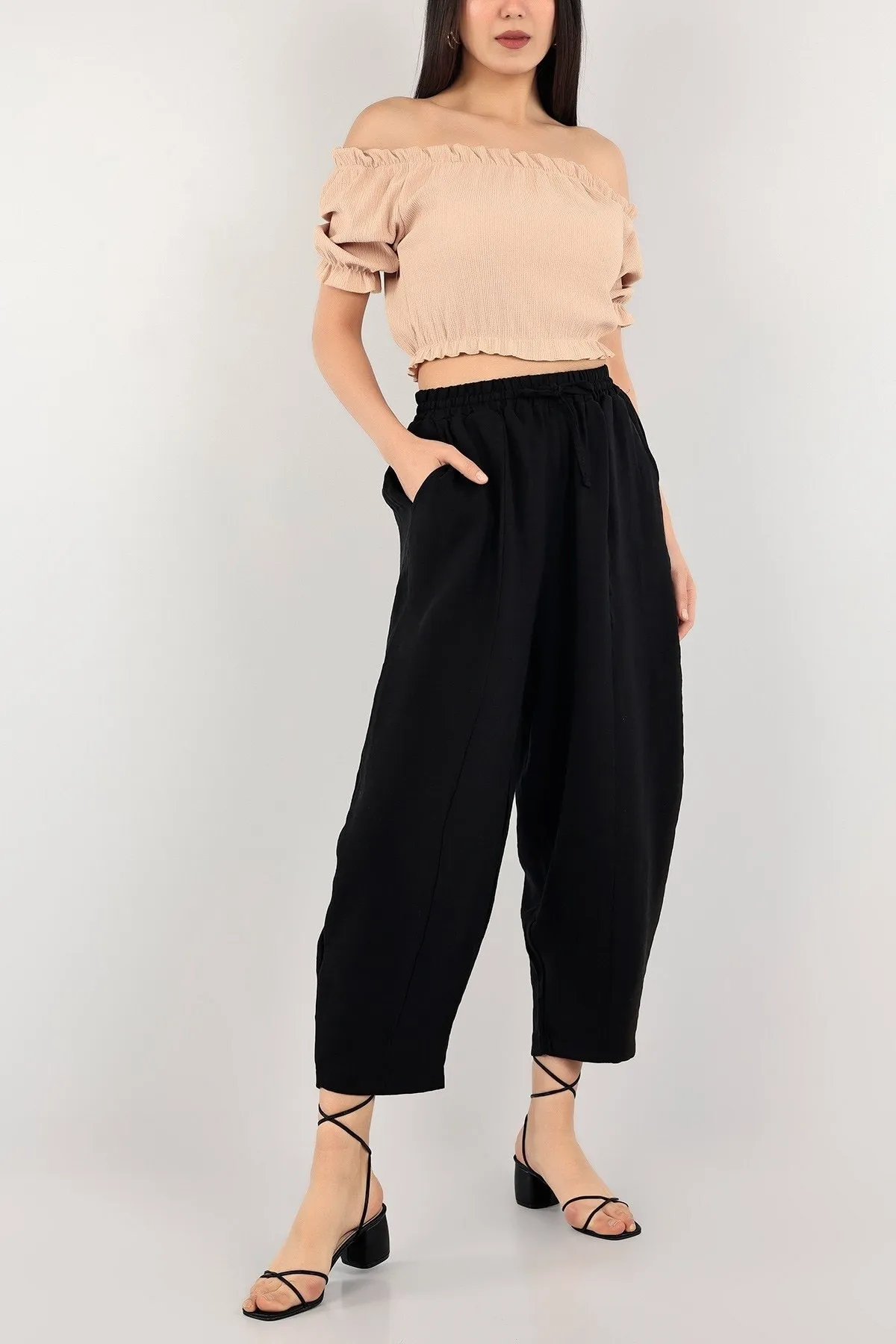 GRİLAND  Schwarze Aerobin Shalwar-Hose mit elastischem Bund und losen Taschen für Damen