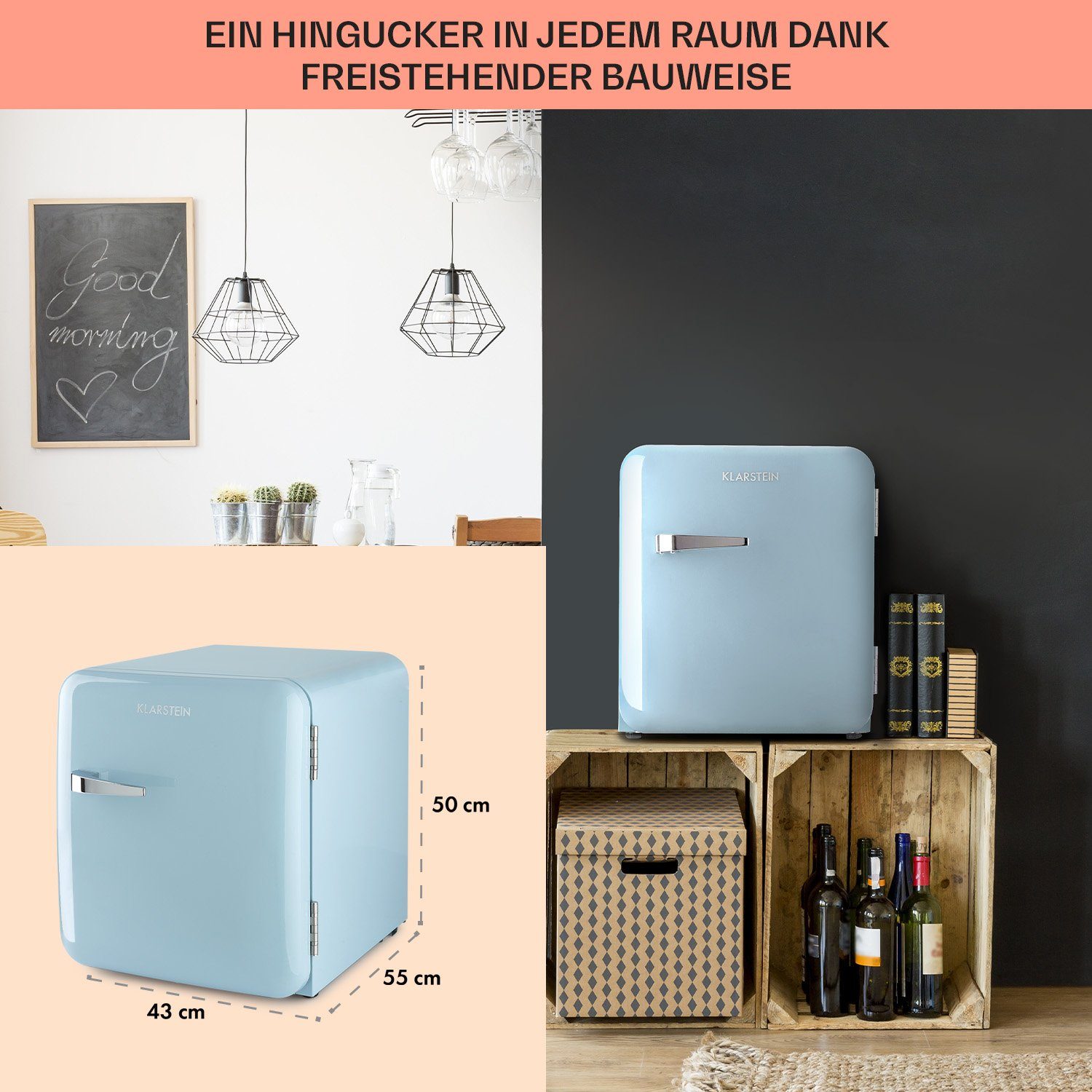 Klarstein Table Top Kühlschrank HEA13-Audrey-blue 10035309A, 50 cm hoch, 44 cm breit, Hausbar Minikühlschrank mit Gefrierfach Getränkekühlschrank klein