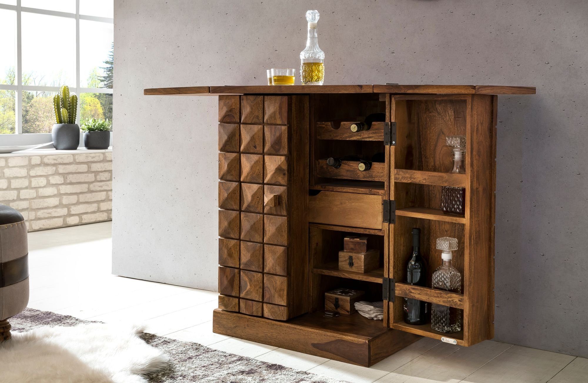 KADIMA DESIGN Barschrank Hausbar Massivholz Sheesham Vitrine ausklappbar