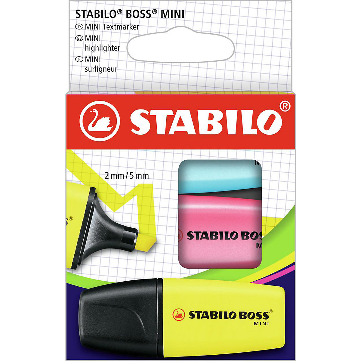 Textmarker BOSS MINI. 3 Farben (gelb, blau, pink)