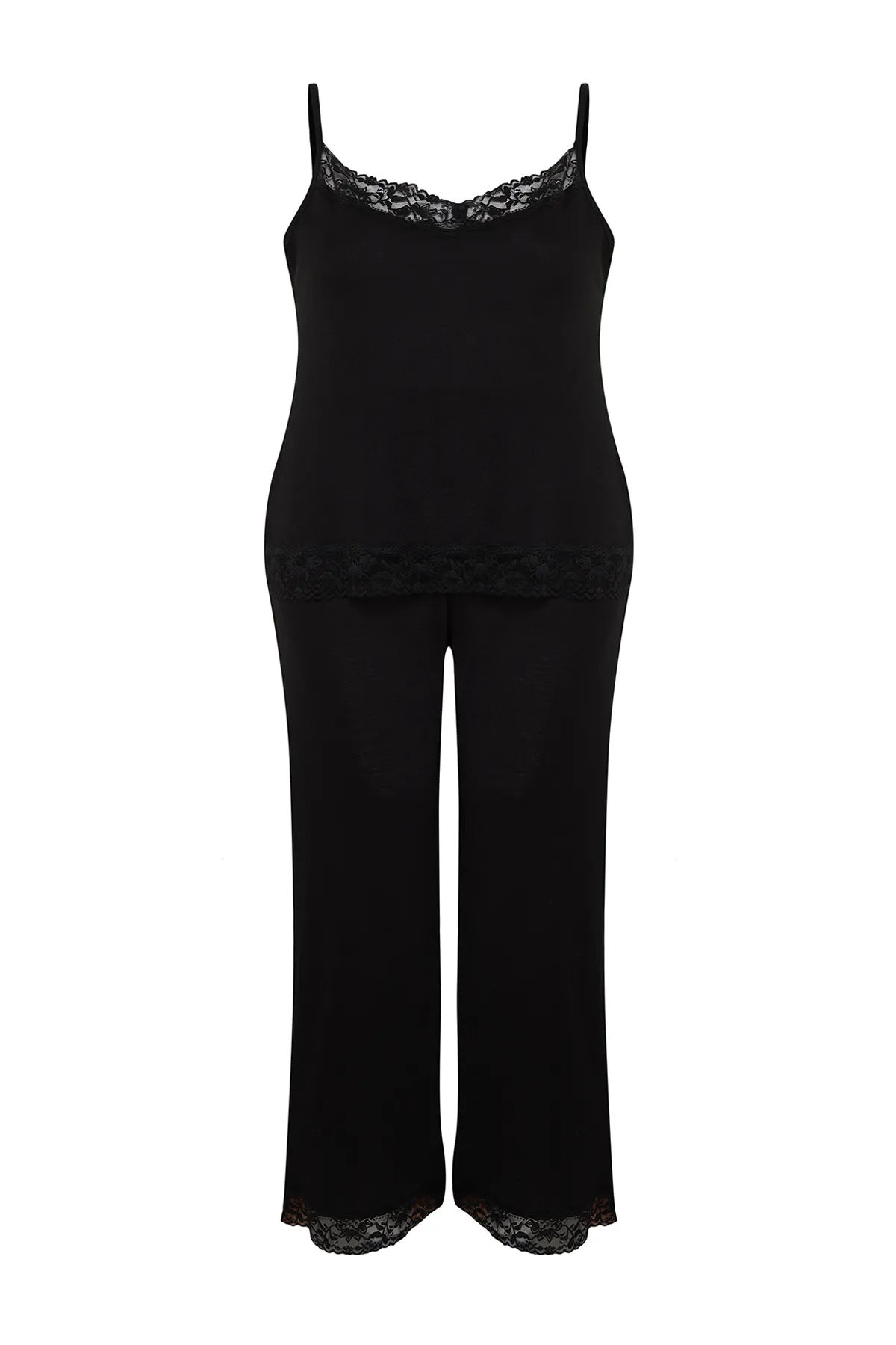 Trendyol Curve  Schwarzes, detailliertes Strickpyjama-Set mit Spitze TBSSS24AI00000