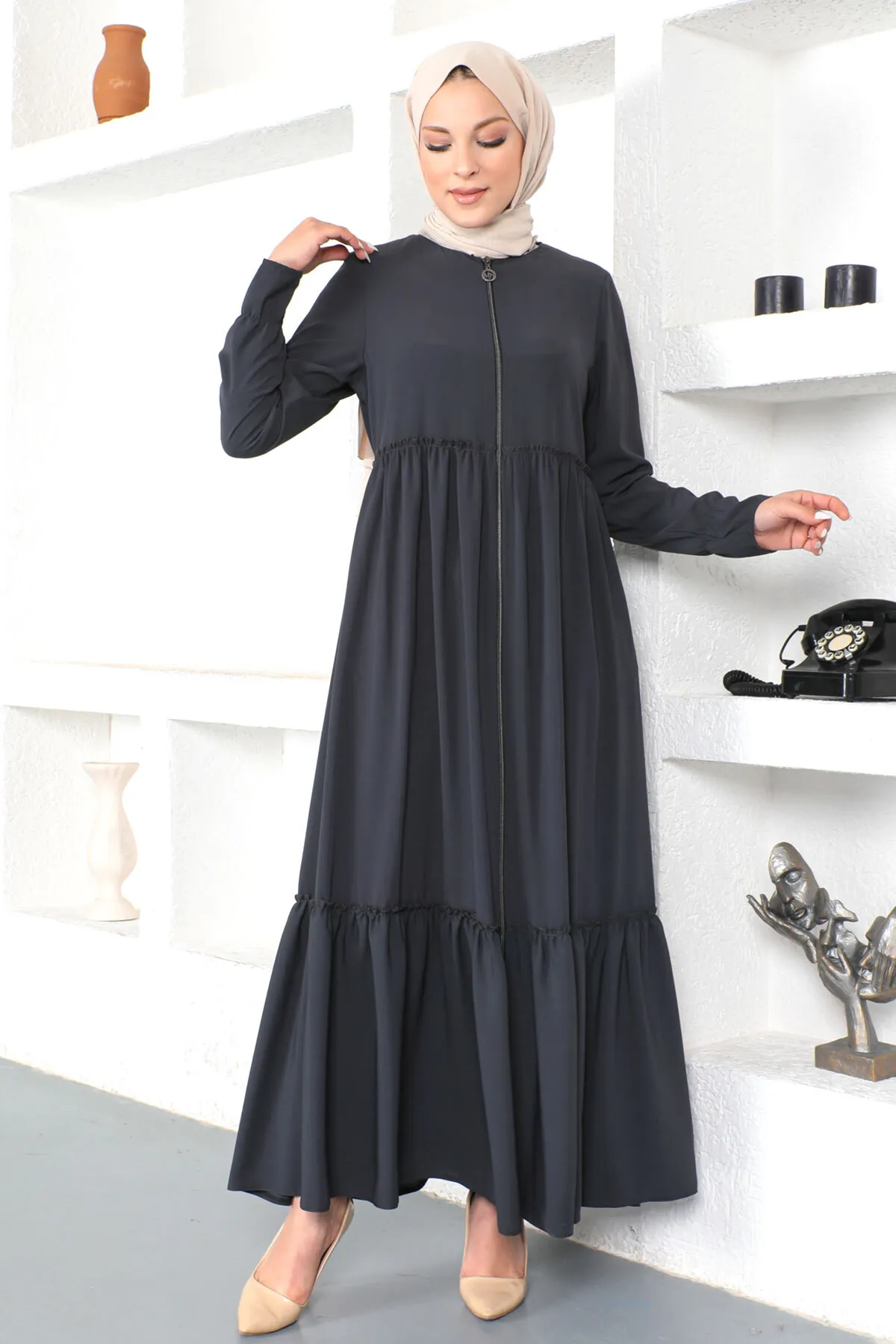 Tesettür Dünyası  Volant Hijab Abaya Tsd230335 Anthrazit