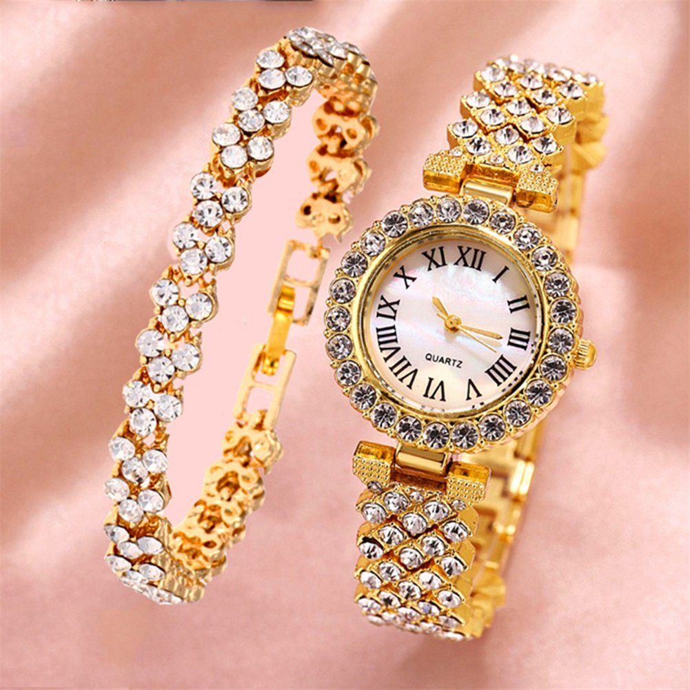Rutaqian Quarzuhr Quarzuhr Damen Armbanduhr Set Strasssteine Uhr Geschenke Für Frauen, (set, mit Armband, mit Schmuckarmband), mit einem Strassarmband