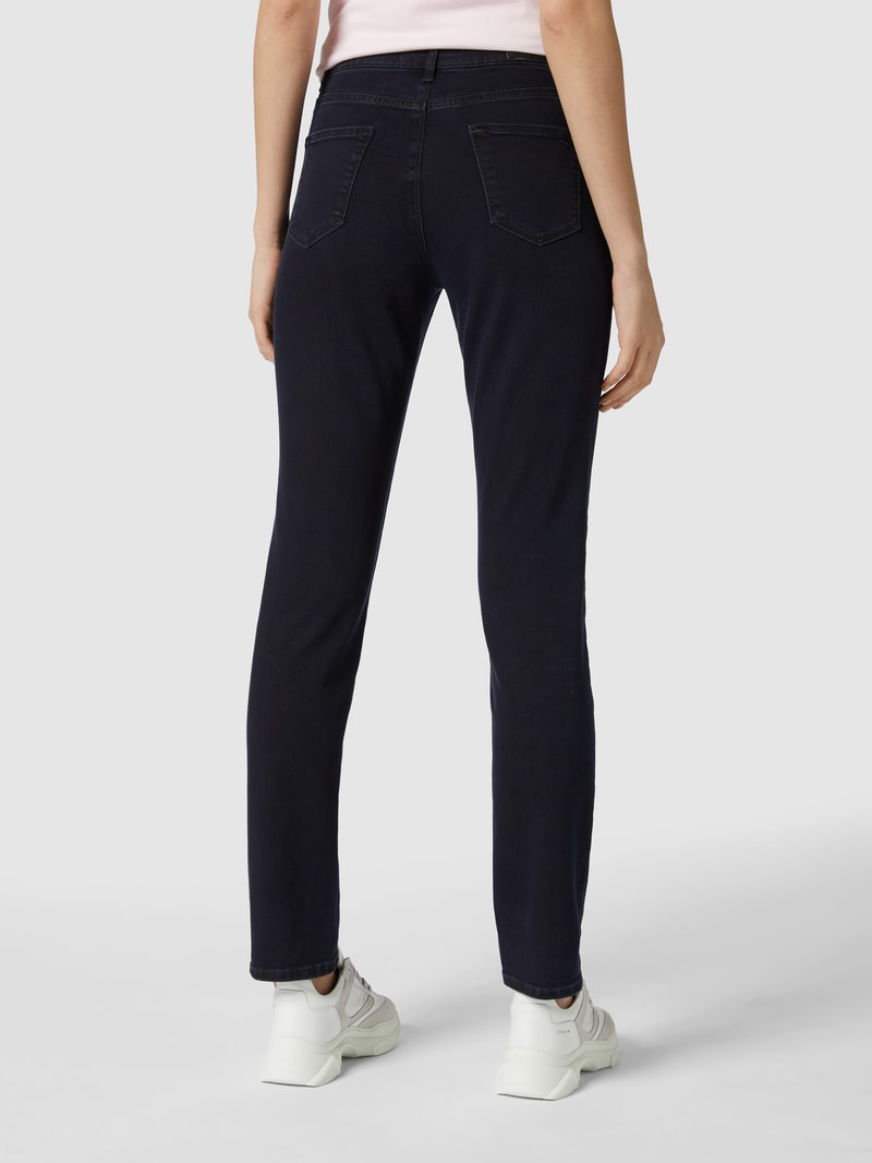Jeans mit Label-Patch aus Leder Modell 'Carola' in marineblau