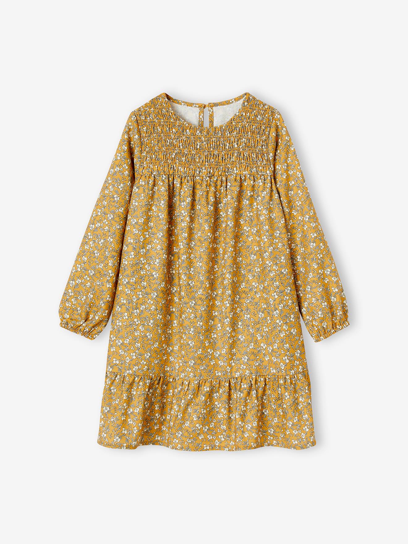 Robe à smocks motifs fleurs fille manches longues moutarde