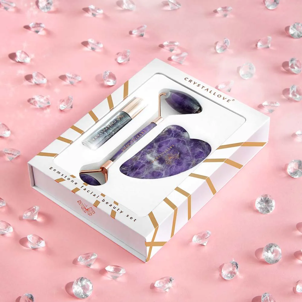 Σετ ομορφιάς Crystallove Amethyst (Μασάζ προσώπου + Πλάκα Gua Sha + Μπουκάλι Roll-On)