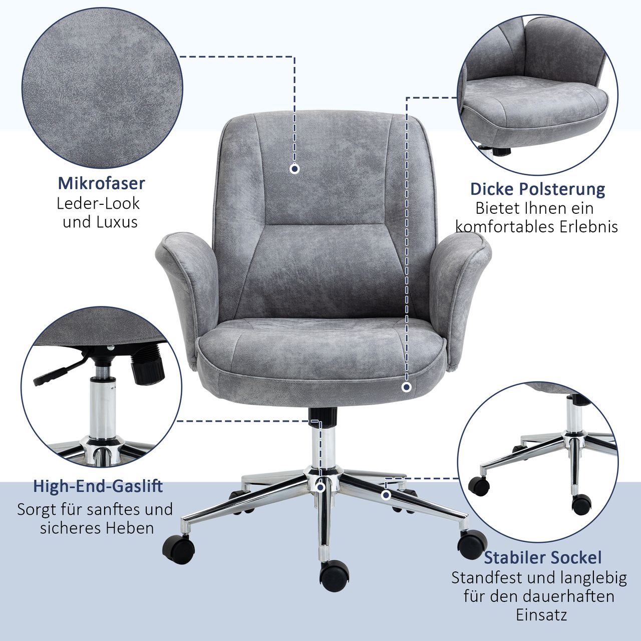 HOMCOM Bürostuhl Schreibtischstuhl Drehstuhl Home-Office-Stuhl mit Wippenfunktion höhenverstellbarer ergonomisch 360°-Drehräder modern schick Mikrofaser Schaumstoff Hellgrau 67x69x102 cm